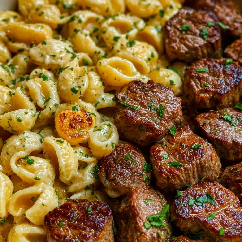 The dish features several browned and grilled beef pieces arranged in the center of a white plate, with a shiny, slightly charred surface and a sprinkling of green herbs on top. Surrounding the beef pieces is a ring of small shell pasta coated in a light, creamy sauce that appears smooth and glistening, also garnished with some green herbs. The contrast between the dark brown beef and the pale yellow pasta is clear, all placed on a white marbled surface. photo taken with an iphone --ar 4:5 --v 7