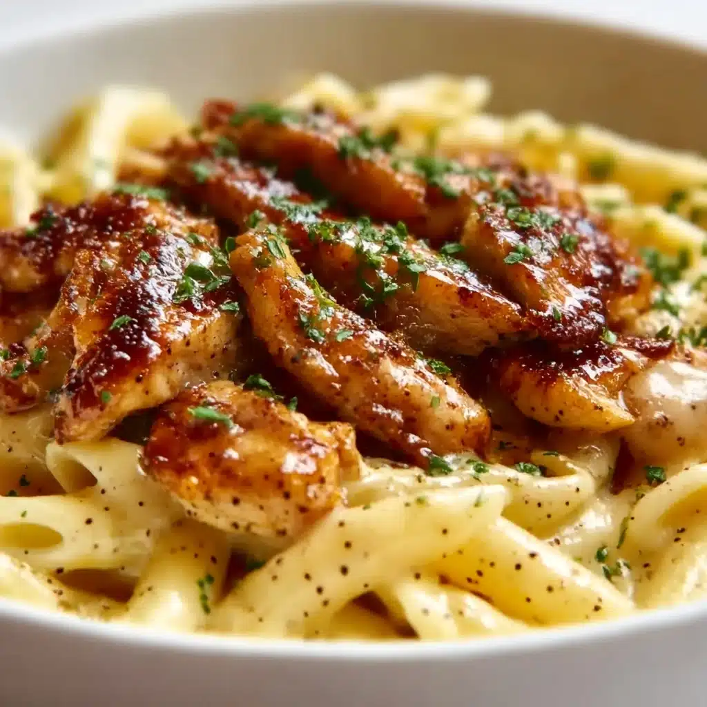 The image shows a white bowl filled with creamy pasta and grilled chicken. The bottom layer is short pasta covered in a thick light-yellow creamy sauce. On top of the pasta, there are pieces of grilled chicken with a golden-brown color and some char marks. The chicken pieces are sprinkled with finely chopped green herbs and coarse black pepper, adding texture and color contrast. The surface under the bowl is a white marbled texture. Photo taken with an iphone --ar 4:5 --v 7