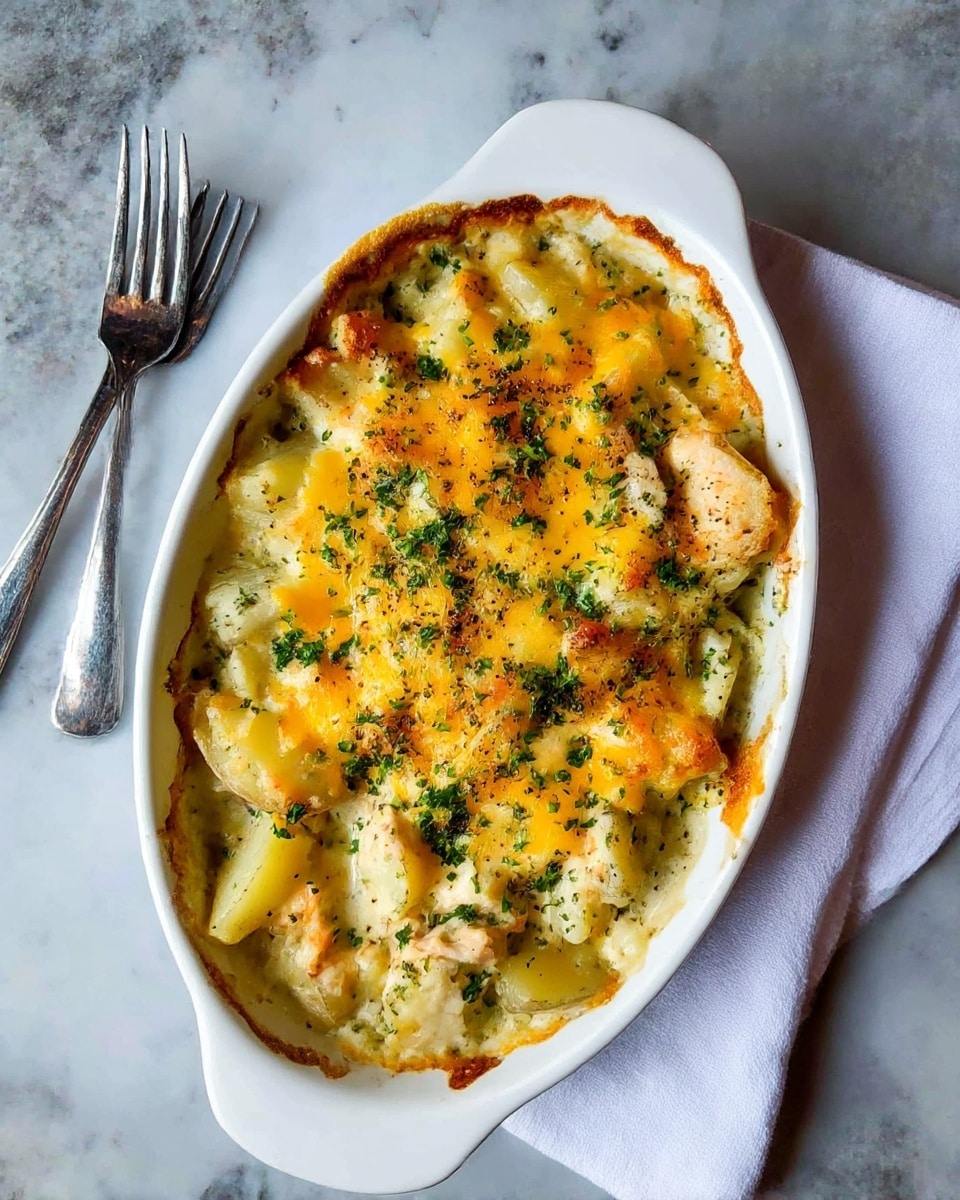 A white oval baking dish filled with a baked casserole that has three main layers: the bottom layer is made of small pale potato chunks mixed with diced white onions, the middle layer contains tender chicken pieces that are light brown and slightly browned on the edges, and the top layer is melted golden-yellow cheddar cheese with some browned spots. The casserole is sprinkled with small green parsley bits and coarse black pepper. The dish is placed on a white marbled surface next to a white cloth napkin with two silver forks resting on it. The edges of the baking dish have some browned cheesy spots showing it has been baked. Photo taken with an iphone --ar 4:5 --v 7