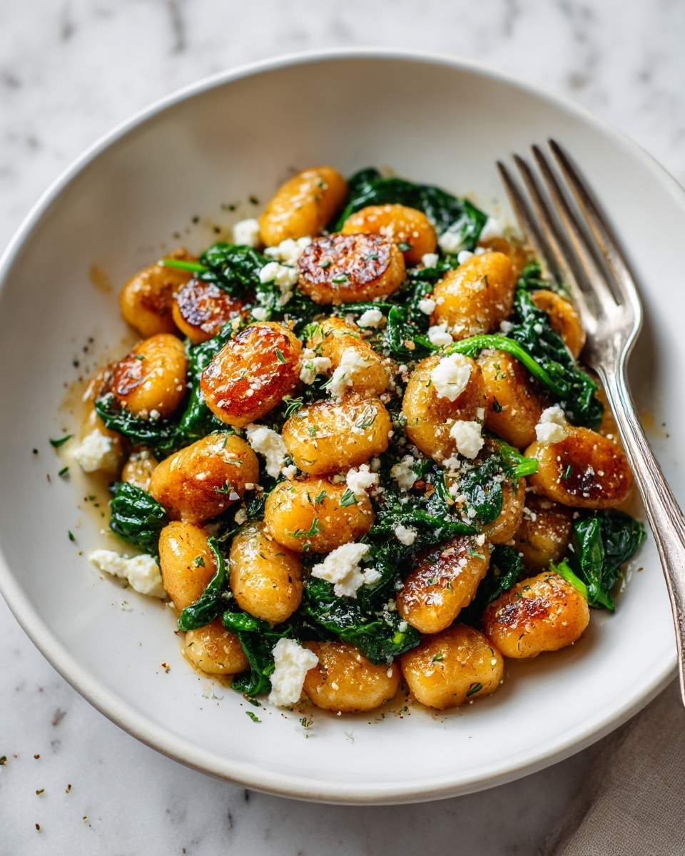 The dish shows a shallow white bowl filled with two main layers: the bottom layer is wilted dark green spinach leaves that look soft and slightly wet, and the top layer has golden brown gnocchi with a light crisp surface, scattered evenly among the spinach. On top, there are small bits of white cheese crumbles sprinkled all over, adding a crumbly texture and contrast in color. The bowl rests on a light beige cloth with a silver fork at the side, and the background is a white marbled texture, giving a fresh and clean look. photo taken with an iphone --ar 4:5 --v 7