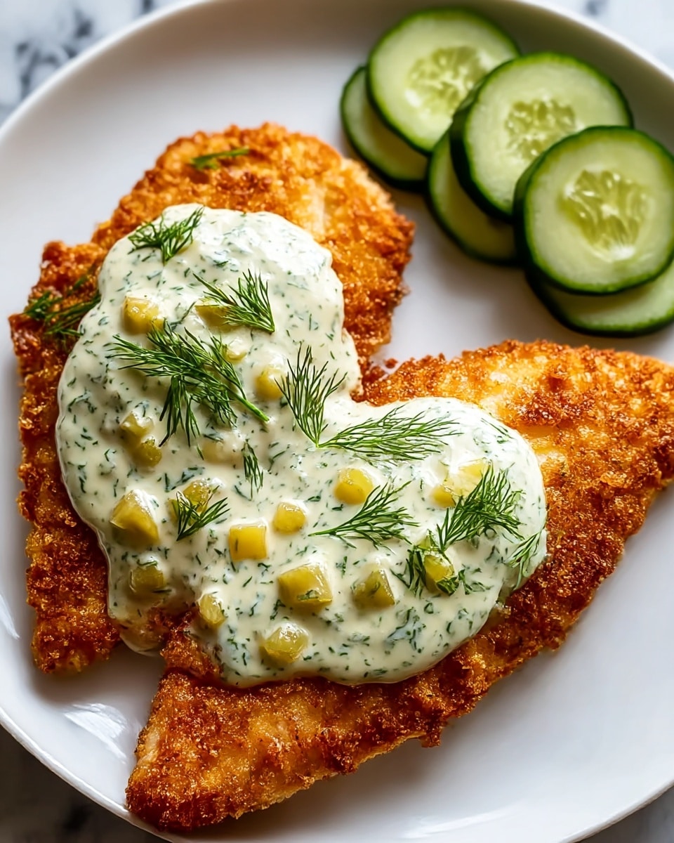 Two pieces of golden, crispy fried chicken are placed side by side on a white plate. Each chicken piece is topped with a thick dollop of creamy white sauce mixed with green herbs and small chunks of yellow pickle, garnished with fresh sprigs of dill. On the top right corner of the plate, there are several thin slices of cucumber arranged neatly. The plate sits on a white marbled surface, highlighting the warm colors and textures of the dish. photo taken with an iphone --ar 4:5 --v 7