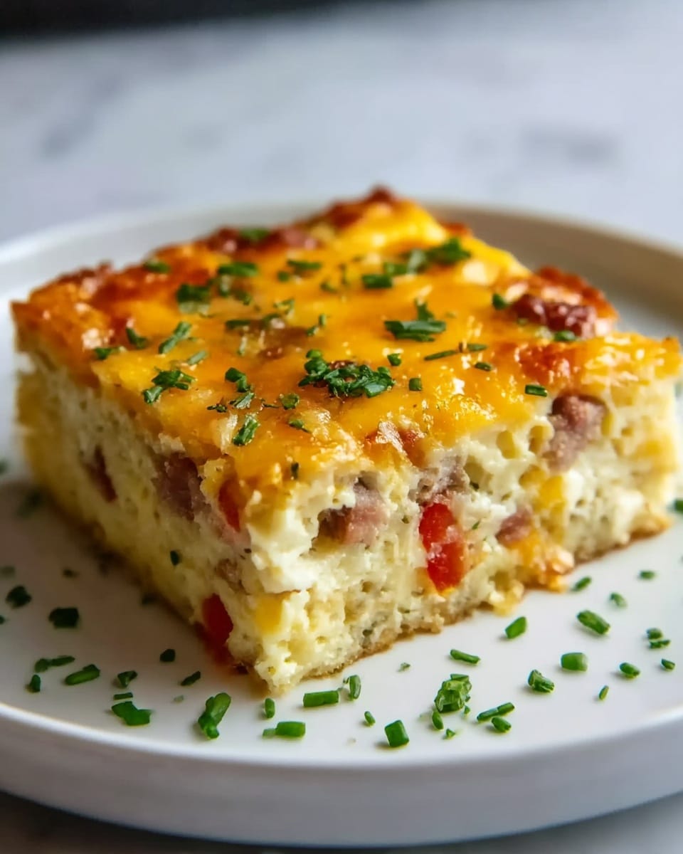 A square slice of baked casserole with three visible layers sits on a white plate. The bottom layer is a light, creamy egg base mixed with small pieces of red and green vegetables. The middle layer is slightly thicker with melted cheese that looks smooth and golden. The top layer is bubbly and browned with crispy bits of bacon and dots of melted cheese, sprinkled with fresh green parsley. The plate rests on a white marbled surface. photo taken with an iphone --ar 4:5 --v 7