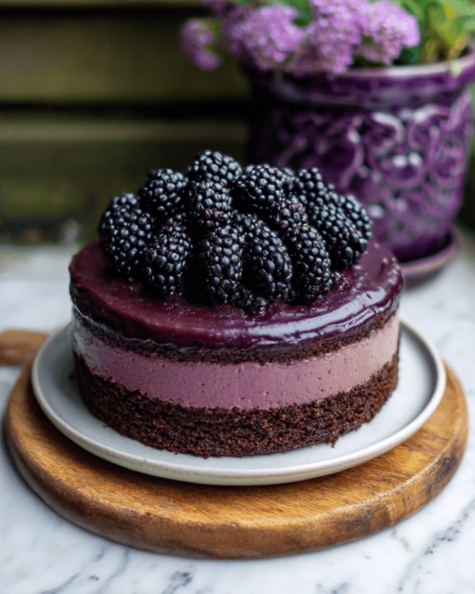 The image shows a round, single-layer chocolate cake covered with smooth dark purple frosting. On top of the cake, there is a cluster of fresh blackberries arranged neatly in the center. The cake sits on a natural wooden round board, which rests on a white marbled surface. Behind the cake, there is a pot with bright pink flowers adding a touch of color to the background. photo taken with an iphone --ar 4:5 --v 7