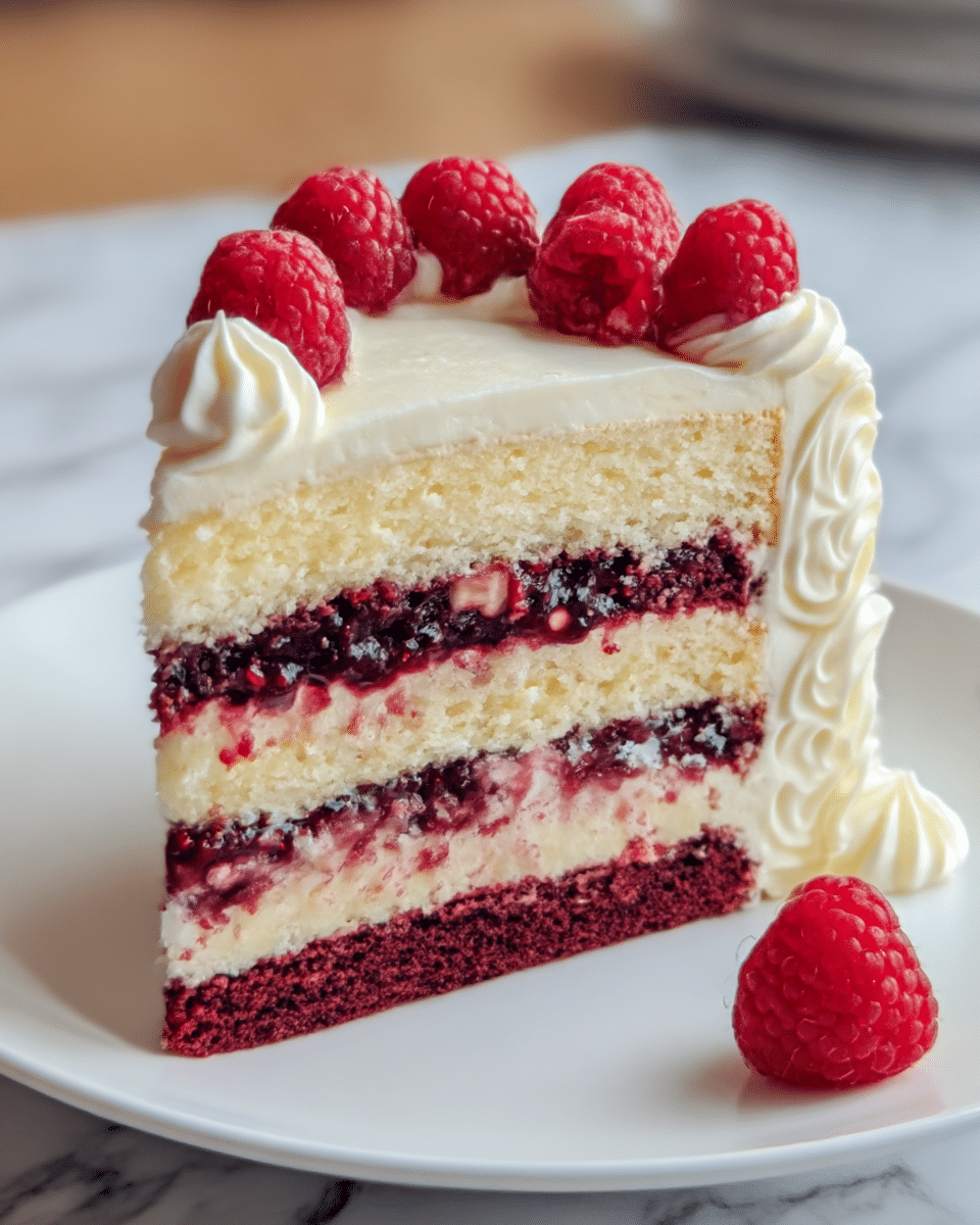 A slice of layered cake on a white plate sits on a white marbled surface. The cake has four layers: the bottom layer is dark red with a moist texture, above it is a cream layer with a smooth white color, then a dark red berry jam layer with bits of fruit, and on top another light cream layer. The whole cake is covered with whipped cream that is piped in a decorative pattern around the edges. Fresh red raspberries sit on top and one raspberry rests on the plate in front. The image is bright and clear. photo taken with an iphone --ar 4:5 --v 7