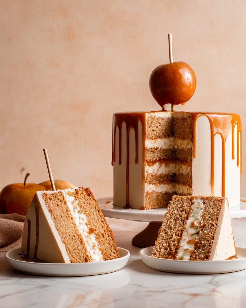 A three-layer round cake on a wooden stand shows light brown cake layers with visible tiny pieces inside, each separated by a creamy white frosting and a glossy caramel filling with small fruit bits. The outside is covered in smooth white frosting with thick caramel sauce dripping down the side. A shiny caramel-coated round treat on a stick sits on top of the cake. Two slices of the cake are on white plates in front, showing the same layered structure, with a white marbled surface underneath. Photo taken with an iphone --ar 4:5 --v 7