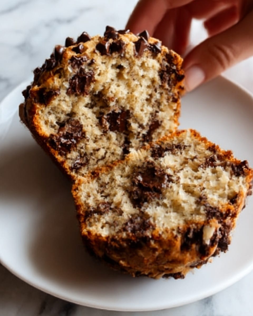 The image shows a close-up of a broken muffin placed on a white plate. The muffin has a textured inner layer that looks soft and moist, with visible dark chocolate chunks scattered throughout. The outer layer is golden brown and slightly crunchy, with melted chocolate on top. The plate sits on a white marbled texture surface. Photo taken with an iphone --ar 4:5 --v 7