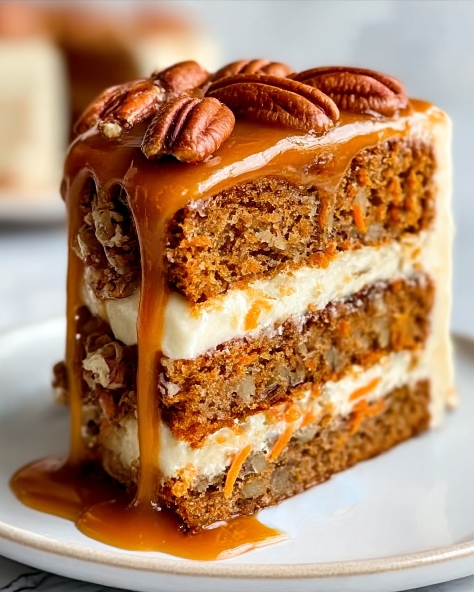The image shows a tall slice of layered carrot cake on a white plate, sitting on a white marbled surface. The cake has three thick layers: the bottom and top layers are moist, brown with visible bits of carrot and nuts, while the middle layer is a thick, creamy white frosting. A thick caramel sauce is dripping down the sides of the cake, pooling on the plate below. The top is decorated with a shiny layer of caramel and whole pecans stacked on top. The textures include the soft cake, smooth frosting, sticky caramel, and crunchy nuts. Photo taken with an iphone --ar 4:5 --v 7