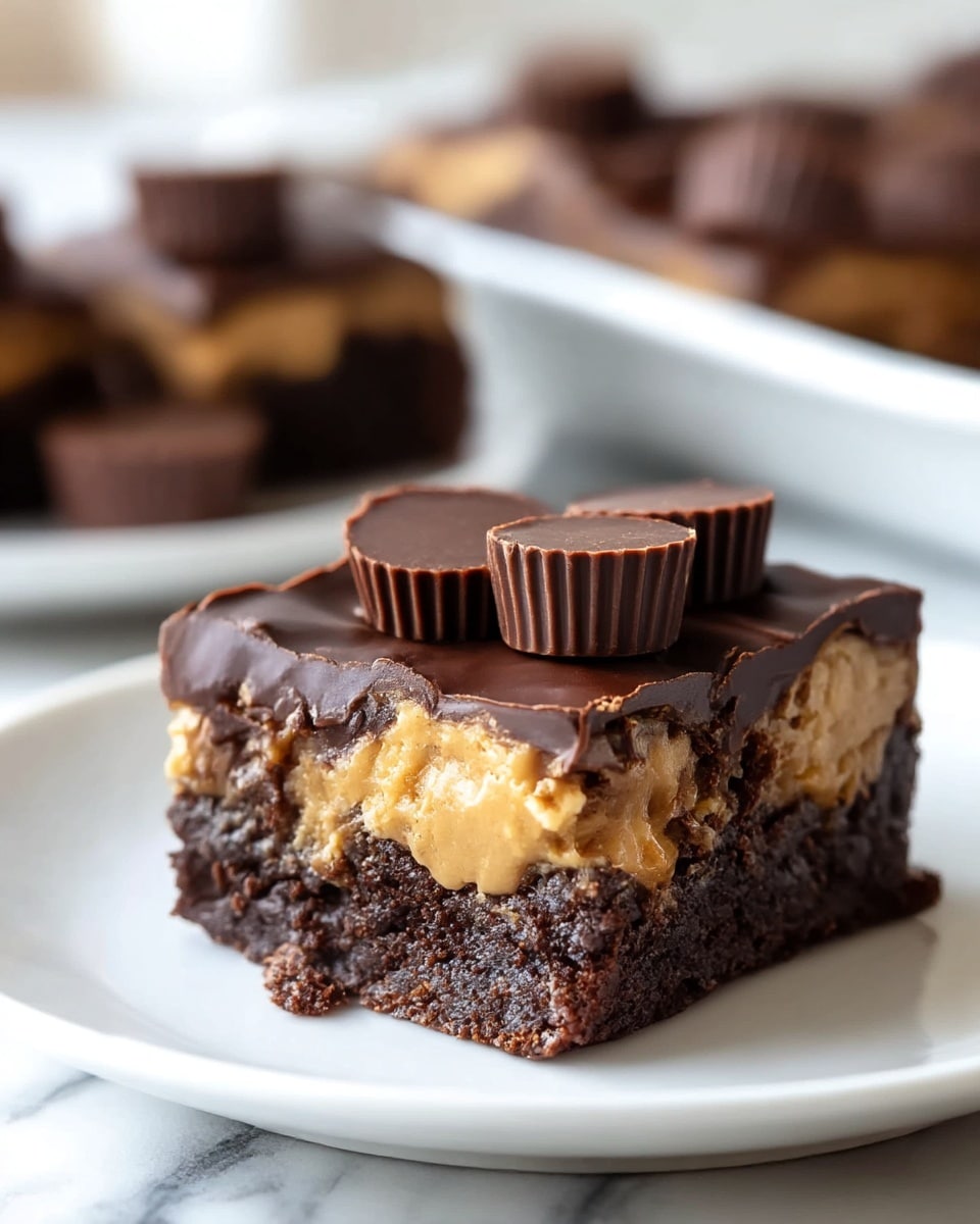 A square chocolate dessert bar sits on a white plate with a white marbled texture underneath. The bottom layer is a dark, dense chocolate brownie with a crumbly texture. Above that is a thick layer of creamy peanut butter with a smooth, slightly sticky texture, visible through cracks in the chocolate. The top layer is a shiny, thick dark chocolate coating that is jagged and broken around the edges. On top of the bar, several small dark chocolate peanut butter cups are placed, adding depth and a smooth, rounded texture. In the background, a blurred white plate with more pieces of the dessert is visible. photo taken with an iphone --ar 4:5 --v 7