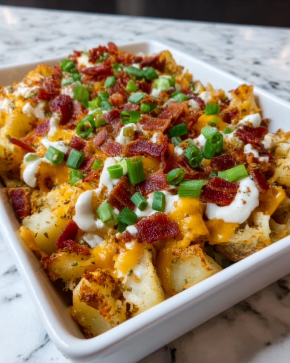 A white rectangular dish filled with crispy roasted potato pieces covered in melted cheddar cheese, drizzled with white sour cream sauce, and sprinkled with small bits of crispy bacon and chopped green onions. The potatoes look golden and crunchy with the cheese melted thickly over the top, and the bacon adds a deep reddish-brown color. The diced green onions are bright and fresh on top. The dish is set on a white marbled surface. Photo taken with an iphone --ar 4:5 --v 7