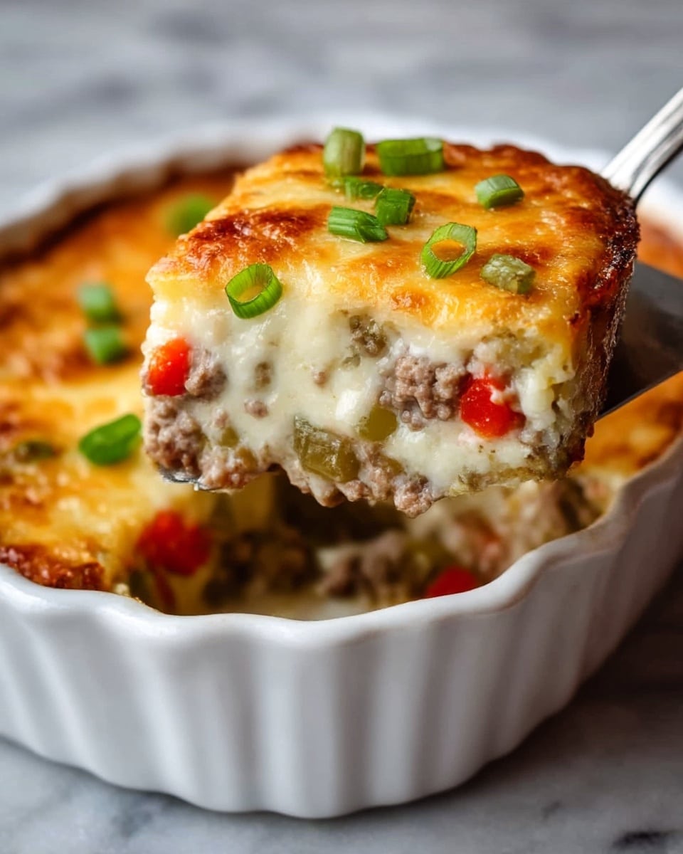 A close-up of a white scalloped dish filled with a baked casserole that has three visible layers: the bottom layer is light and creamy, the middle layer contains ground meat mixed with small pieces of red and green bell peppers, and the top layer is golden-brown melted cheese with some green onion slices scattered on top. A metal spatula is lifting a square piece from the dish, showing the thick and creamy texture of the casserole. The dish is placed on a white marbled surface. photo taken with an iphone --ar 4:5 --v 7