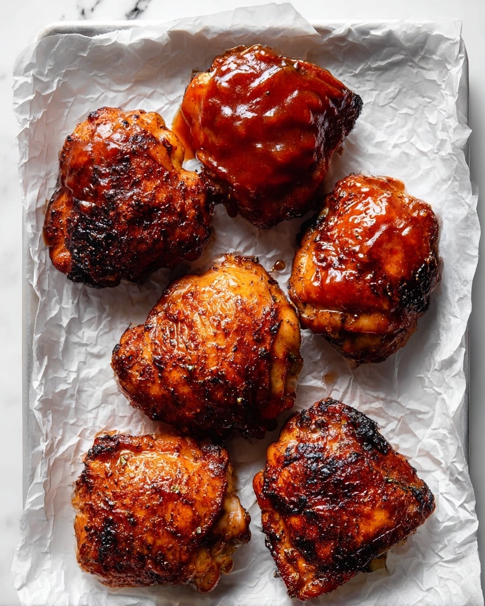 Six pieces of grilled chicken thighs are placed closely together on white crumpled parchment paper that lines a metal tray. The chicken shows two main textures: three pieces are covered with a thick, shiny red barbecue sauce with glaze and charred spots, while the other three have a dry rub seasoning with a golden-brown crispy crust and visible black grill marks. Small green herbs are lightly sprinkled on some pieces. The tray sits on a white marbled surface. photo taken with an iphone --ar 4:5 --v 7