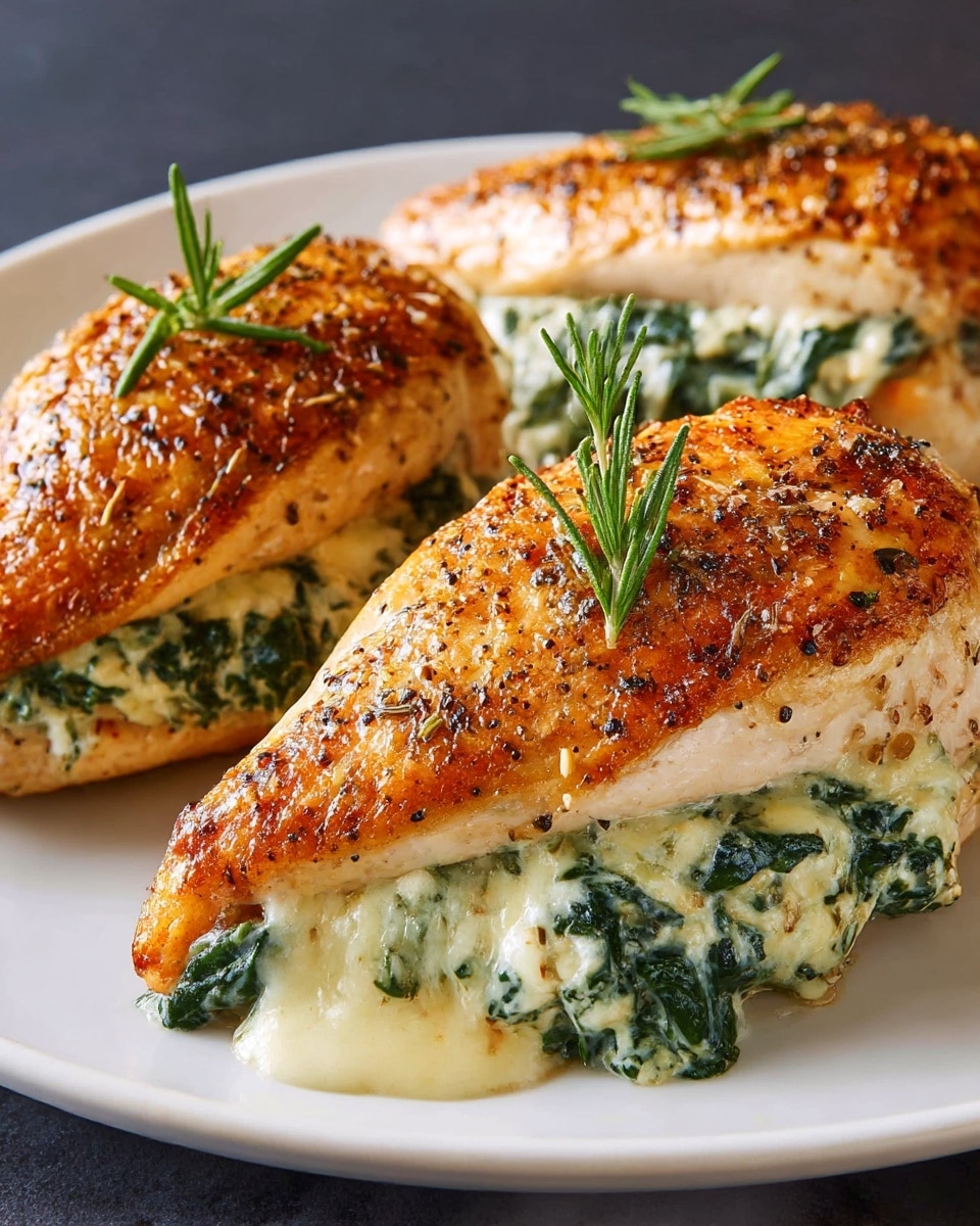 Three pieces of golden brown chicken breasts are stuffed with creamy, melted spinach and cheese mixture. Each chicken breast has a crispy, seasoned outer layer with black pepper and herbs, and is garnished with a small sprig of fresh green rosemary on top. The creamy spinach mix inside is visible, rich and slightly oozing out from the sides, showing a mix of pale yellow cheese and dark green spinach. The pieces are arranged closely on a clean white plate, set on a white marbled textured surface. photo taken with an iphone --ar 4:5 --v 7