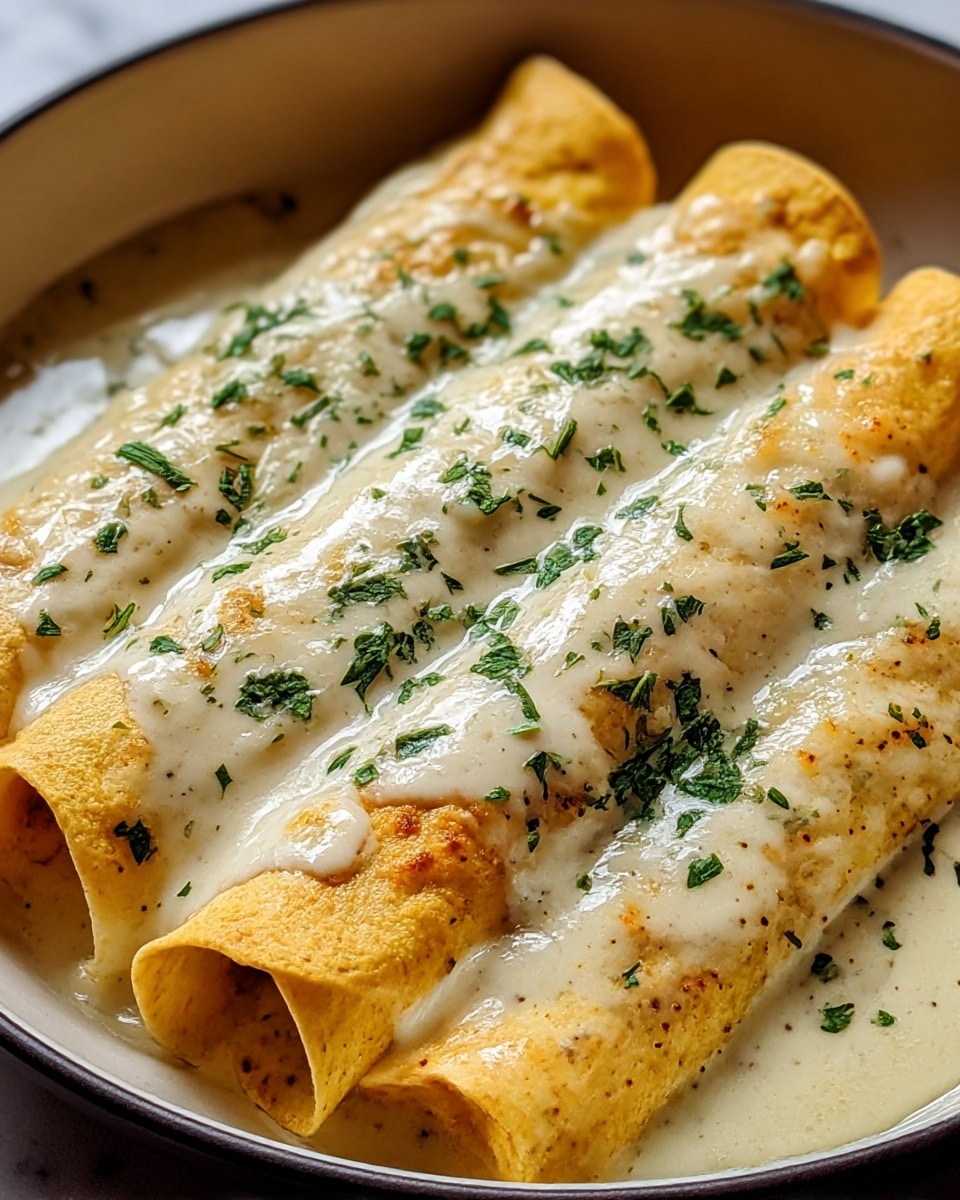 A close-up shot of four rolled yellow corn tortillas filled and placed side by side in a round white bowl, covered with a smooth, creamy white cheese sauce that has light browned spots, sprinkled with chopped green herbs evenly on top. The sauce slightly pools at the edges, giving a shiny, rich look. The texture of the tortillas is soft with some visible spice specks under the sauce. The background surface is a white marbled texture. photo taken with an iphone --ar 4:5 --v 7