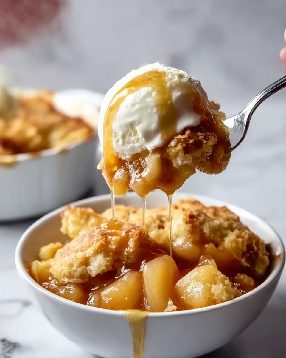 The image shows a white bowl filled with a golden brown baked dessert that has a crumbly texture on top. Inside the bowl, underneath the crust, there are soft, shiny chunks of cooked fruit in a thick syrup, giving a glossy look. A scoop of creamy, white ice cream with smooth texture sits on top of the dessert, melting slightly and dripping down the sides. Above the bowl, a fork held by a woman's hand lifts a bite with both the crumbly crust and ice cream, with syrup dripping down in thin streams. The background has a white marbled texture with a blurred second bowl of the same dessert off to the back. Photo taken with an iphone --ar 4:5 --v 7