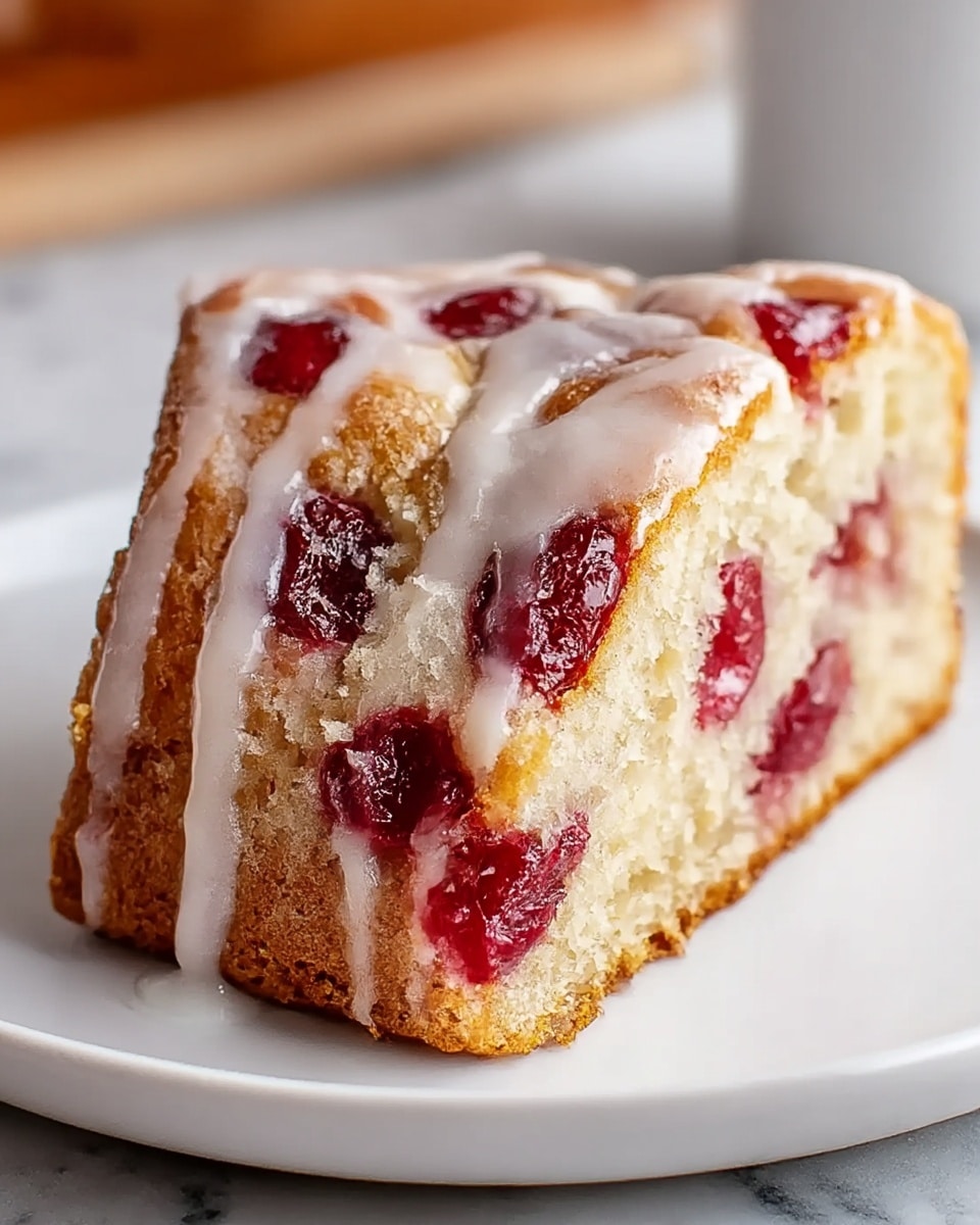 A close-up view of a thick, triangular slice of cake with a golden brown crust, drizzled with a shiny white glaze that covers the top and drips slightly down the sides. Inside, the cake is soft and light with a fluffy texture, showing several bright red cherry pieces embedded unevenly throughout the slice. The slice sits on a clean, white plate, all placed on a white marbled surface in the background. photo taken with an iphone --ar 4:5 --v 7
