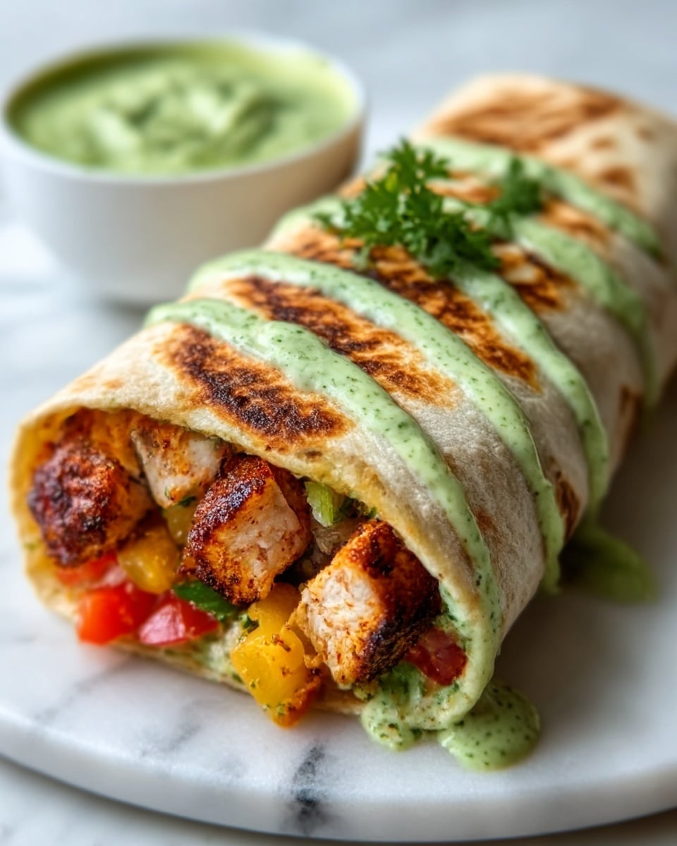 A close-up image of a large burrito wrapped in a soft, slightly toasted white tortilla, with grilled chicken pieces and diced red and yellow vegetables visible inside. The burrito is placed on a white plate, resting on a white marbled surface. On top of the burrito, there is a drizzle of creamy green sauce with a slightly smooth texture, garnished with a small sprig of fresh green cilantro. Behind the burrito, there is a small white bowl filled with more of the same green sauce. Photo taken with an iphone --ar 4:5 --v 7