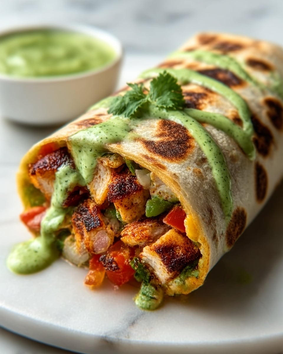 A close-up of a large burrito on a white plate, filled with layers of grilled chicken pieces that are light brown with char marks, mixed with diced vegetables like red tomatoes and green peppers. The burrito is wrapped in a soft, slightly toasted tortilla with visible brown spots. On top, there is a drizzle of green sauce, smooth in texture and vibrant in color, garnished with a sprig of fresh cilantro. In the background, a small white bowl holds more green sauce. The whole scene is set on a white marbled surface. Photo taken with an iphone --ar 4:5 --v 7