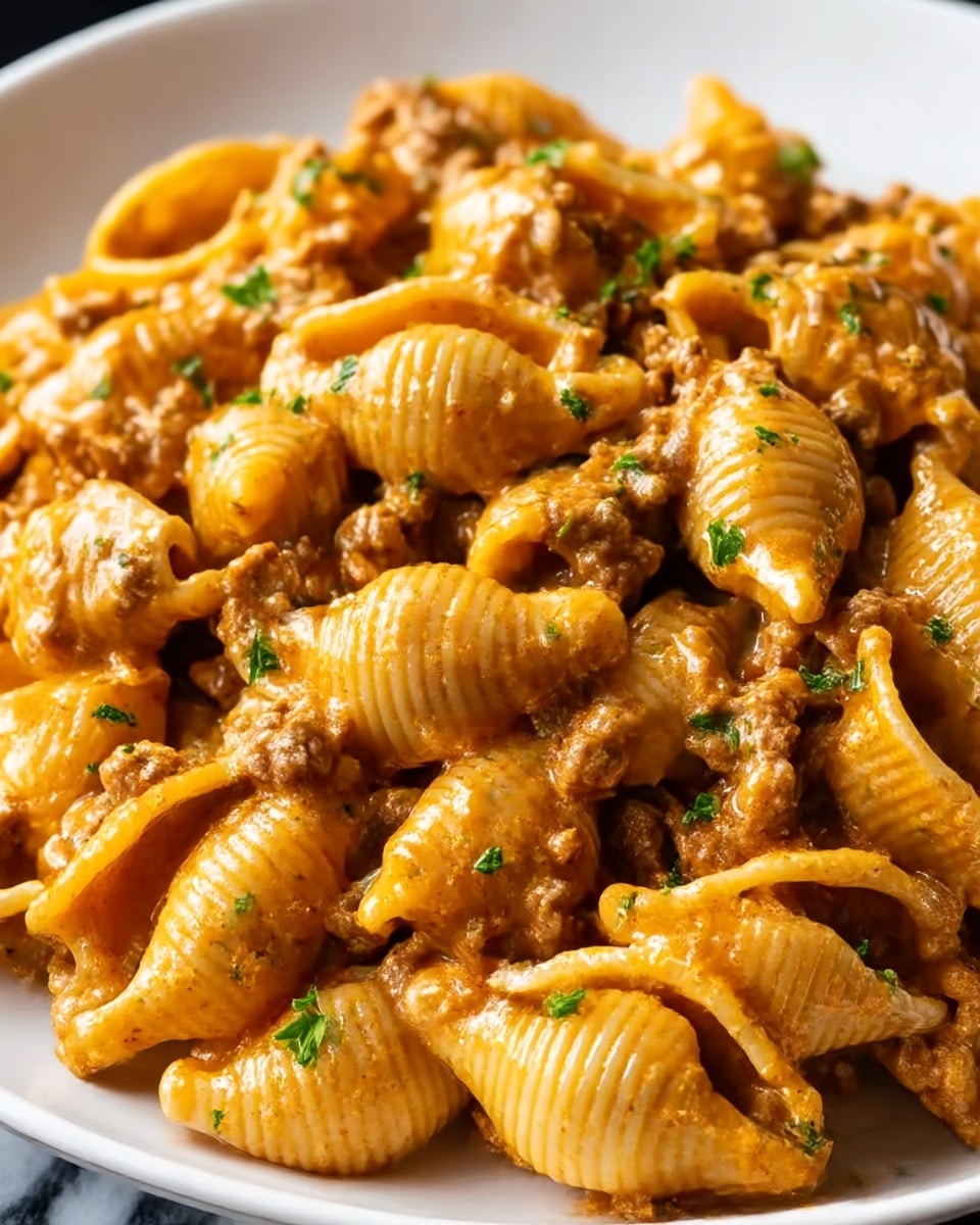 The image shows a close-up of a white plate filled with large shell pasta coated in a thick, creamy orange sauce mixed with ground meat. The pasta shells are glossy and well-coated, showing their ridged texture. Small green parsley pieces are sprinkled evenly over the pasta, adding a fresh contrast to the orange-brown sauce and meat. The focus is tight on the pasta, making the sauce and meat look rich and hearty. The background is a white marbled texture. photo taken with an iphone --ar 4:5 --v 7