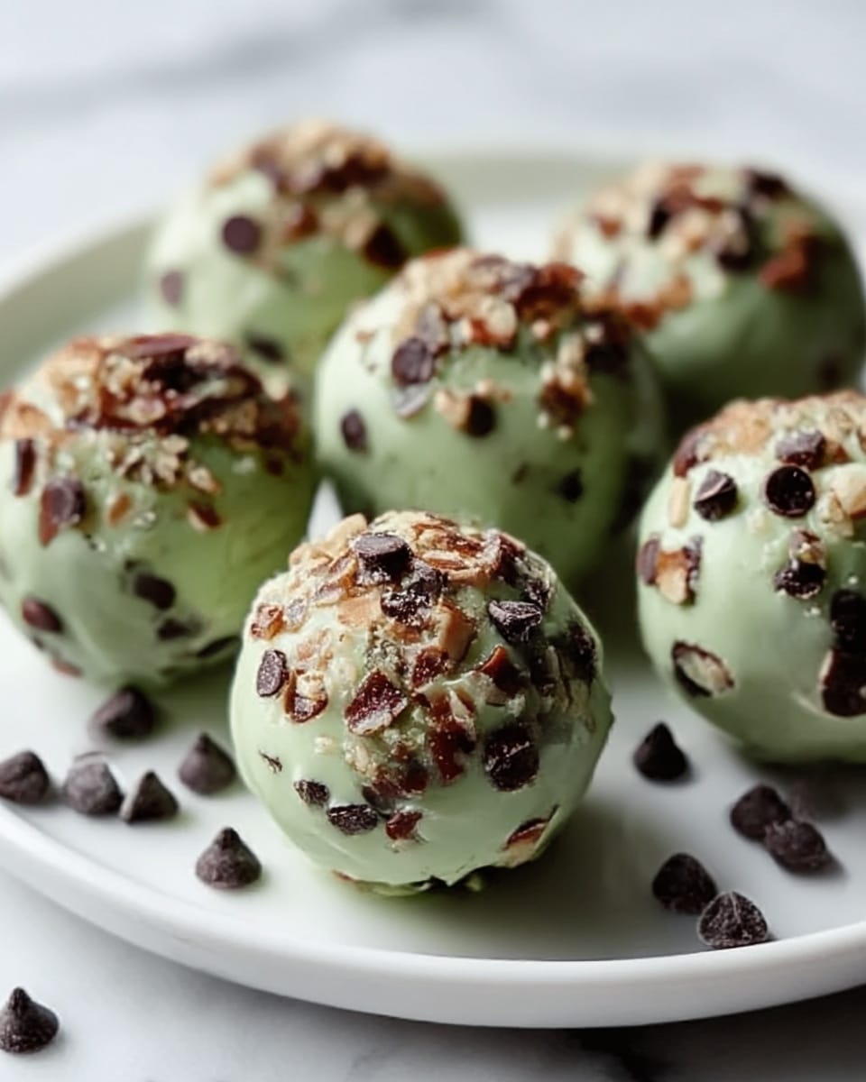 The image shows five round balls of food coated in a light green layer with small chocolate chips and crushed nuts pressed into the surface, giving a bumpy texture. These balls sit on a white plate with smooth edges on a white marbled surface. Around the plate are scattered small dark chocolate chips. The balls have a shiny and creamy outer layer with visible crunchy bits on top, arranged in a way that three are closer together in the back, and two are in the front. Photo taken with an iphone --ar 4:5 --v 7