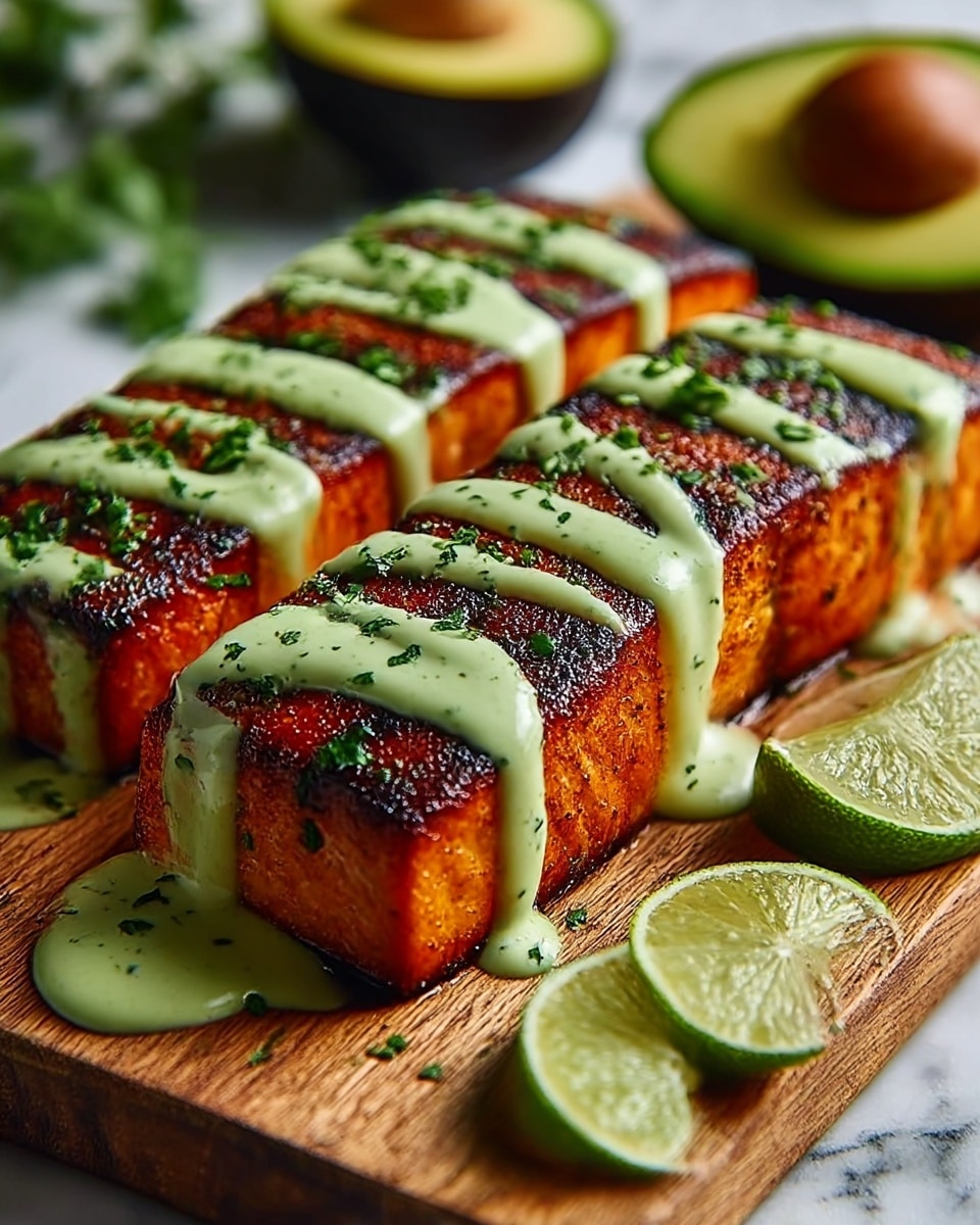 The image shows two thick rectangular pieces of grilled salmon placed side by side on a wooden board. Each piece has a crispy dark brown seared outer layer with hints of deep orange inside, showing texture from the grill marks. A smooth, creamy green sauce is drizzled over each salmon piece in three wide stripes, topped with finely chopped green herbs. On the right side of the board, there are two lime halves with visible juicy segments, and in the background, an avocado cut in half with its large brown seed visible. The overall setting is on a white marbled surface. photo taken with an iphone --ar 4:5 --v 7