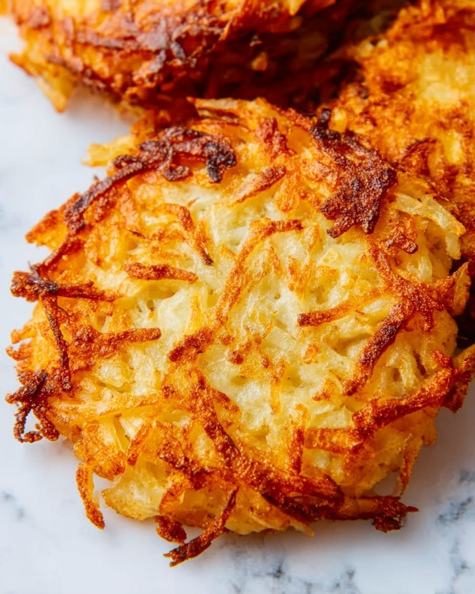The image shows a close-up of two golden-brown potato latkes with a crispy outer layer and shredded texture visible throughout each piece. The latkes have an uneven, rustic look with some darker crunchy edges and lighter, softer centers. The latke in front is fully visible while the edge of a second latke peeks from behind. They are placed on a surface with a white marbled texture that adds a clean, fresh feel to the presentation. The lighting highlights the warm tones and crispy details of the latkes. Photo taken with an iphone --ar 4:5 --v 7