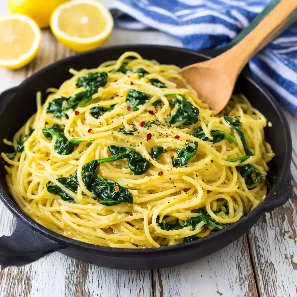 A black cast iron pan filled with cooked spaghetti pasta, tossed with wilted spinach and small pieces of garlic, all coated in a light, shiny sauce with a hint of oil, creating a yellowish color on the pasta with bright green spinach spots. A wooden spoon rests on the right side inside the pan. In the background, there are two halved lemons and a blue and white striped cloth, all placed on a white marbled surface. photo taken with an iphone --ar 4:5 --v 7