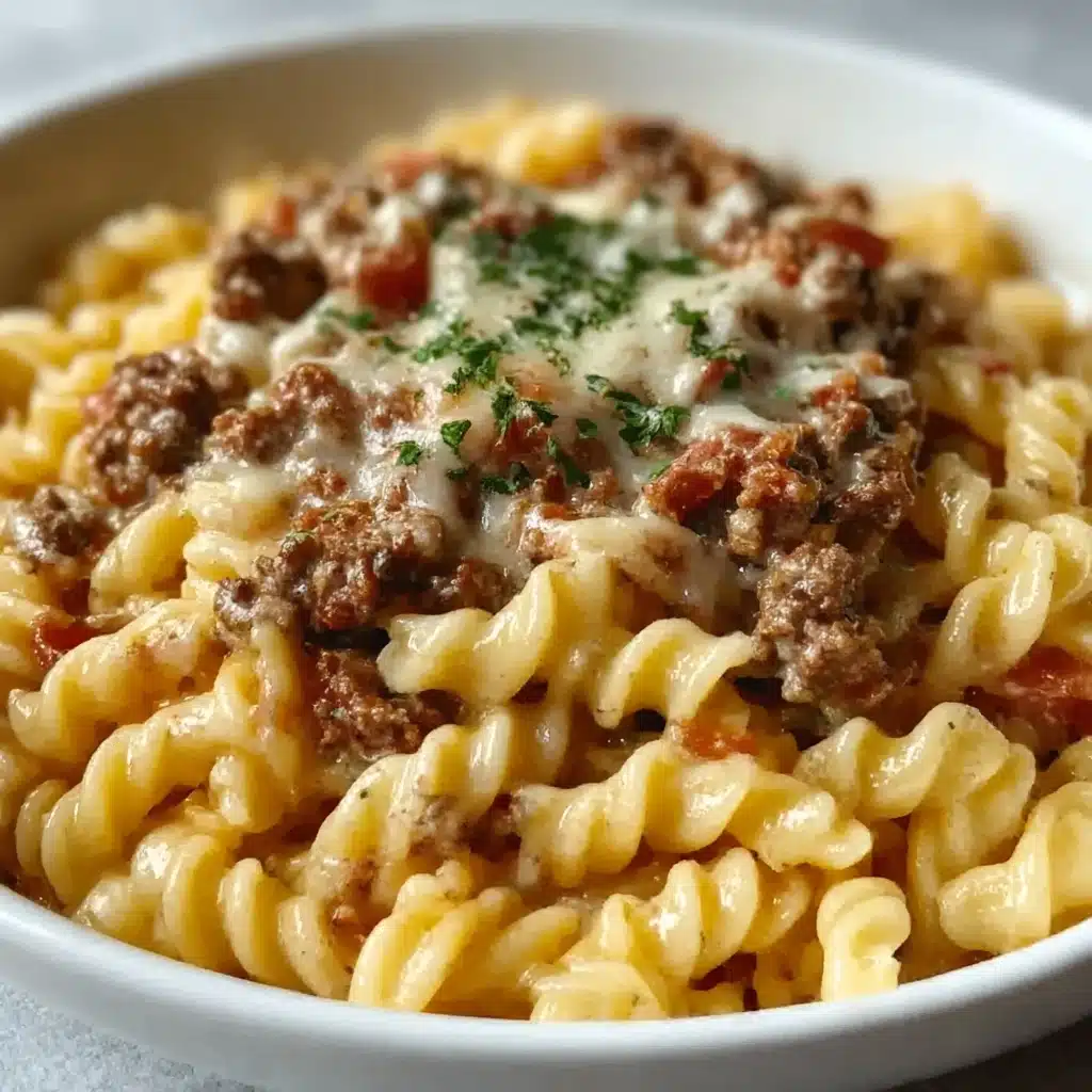 A white bowl filled with creamy pasta spirals coated in a light orange sauce, topped with browned ground meat mixed with small red tomato pieces. Melted cheese is spread unevenly over the meat, with green herbs sprinkled on top. The dish looks warm and rich on a white marbled surface. Photo taken with an iphone --ar 4:5 --v 7