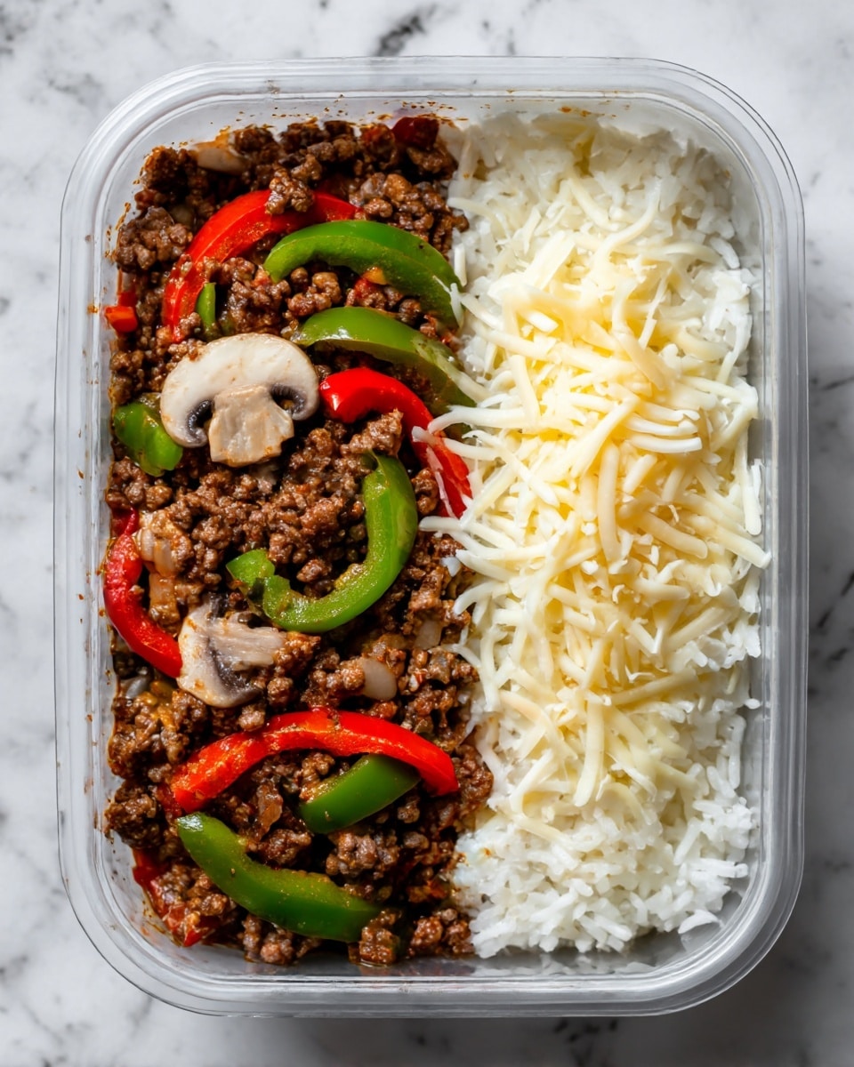 The image shows a rectangular clear plastic container filled with two main sections. On the left side, there is a mix of cooked ground beef with visible green and red bell pepper slices and sautéed mushrooms, all having a rich brown and earthy texture. On the right side, there is a mound of white rice topped with a layer of shredded pale yellow cheese. The container is placed on a white marbled surface. Photo taken with an iphone --ar 4:5 --v 7