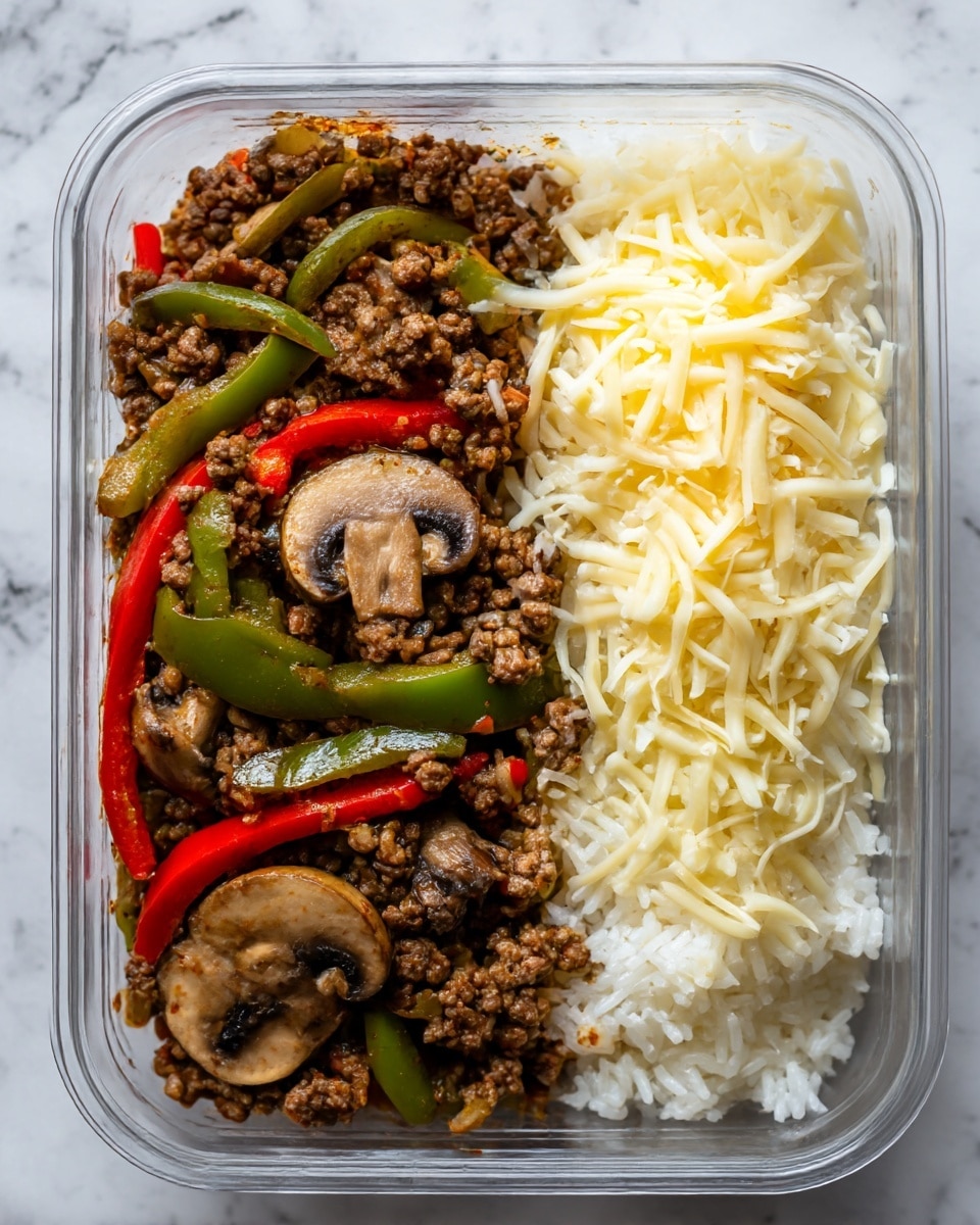 A white rectangular container holds a meal with two clear sections. On the left side, there is a mix of cooked ground meat with visible pieces of white mushrooms and sliced green and red bell peppers; the meat looks juicy and brown with a slightly chunky texture. On the right side, a layer of fluffy white rice is topped with a generous sprinkle of shredded cheese, creating a soft, creamy contrast to the meat mixture. The container is placed on a white marbled surface. photo taken with an iphone --ar 4:5 --v 7