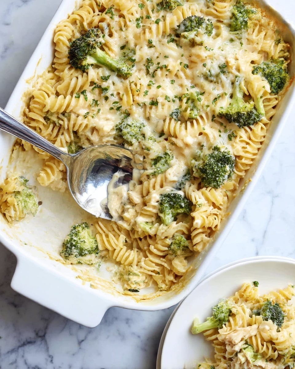 The image shows a white baking dish filled with a creamy pasta casserole. The dish has three main layers visible: a base layer of pale yellow cooked rotini pasta with soft texture, mixed evenly with vibrant green broccoli florets, scattered throughout. The top layer is creamy and slightly melted cheese sauce, light off-white in color, slightly browned along the edges of the dish. Small pieces of shredded chicken, light beige, are mixed inside, along with finely chopped green herbs sprinkled across the top. A large metal serving spoon rests inside the baking dish, stirring some pasta and broccoli, creating a clear scoop and revealing more layers beneath. The dish sits on a white marbled surface with a white plate partially visible to the right. Photo taken with an iphone --ar 4:5 --v 7