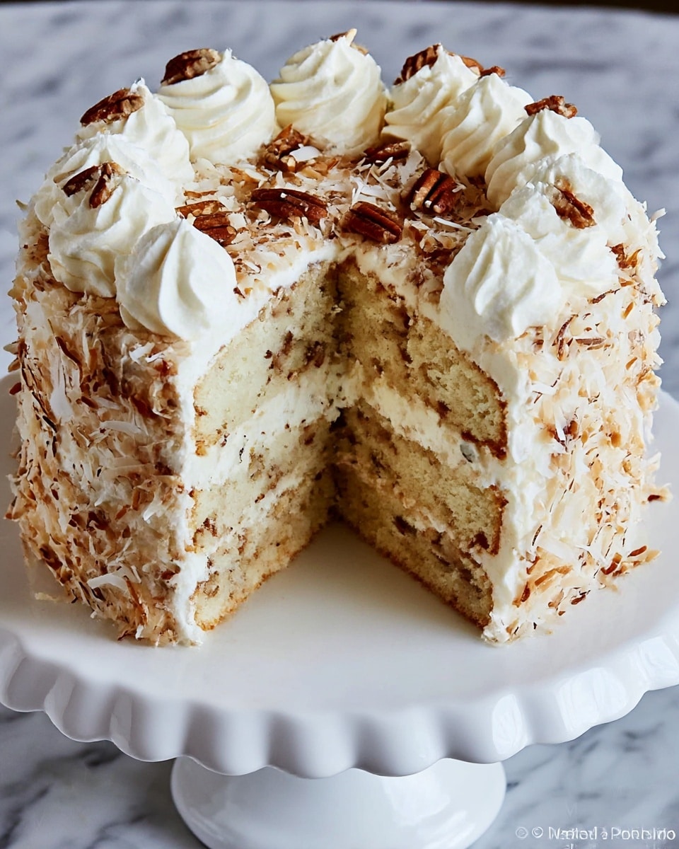 The image shows a tall three-layer cake with light brown interior filled with bits of nuts and a creamy white frosting spread between each layer. The outside of the cake is fully covered with the same creamy white frosting and coated with toasted shredded coconut giving it a textured, crispy look in shades of brown and white. On top, around the edges, there are evenly spaced swirls of white frosting. In the middle on top, some small clusters of nuts are scattered. The cake sits on a white ruffled cake stand placed on a white marbled surface. Photo taken with an iphone --ar 4:5 --v 7