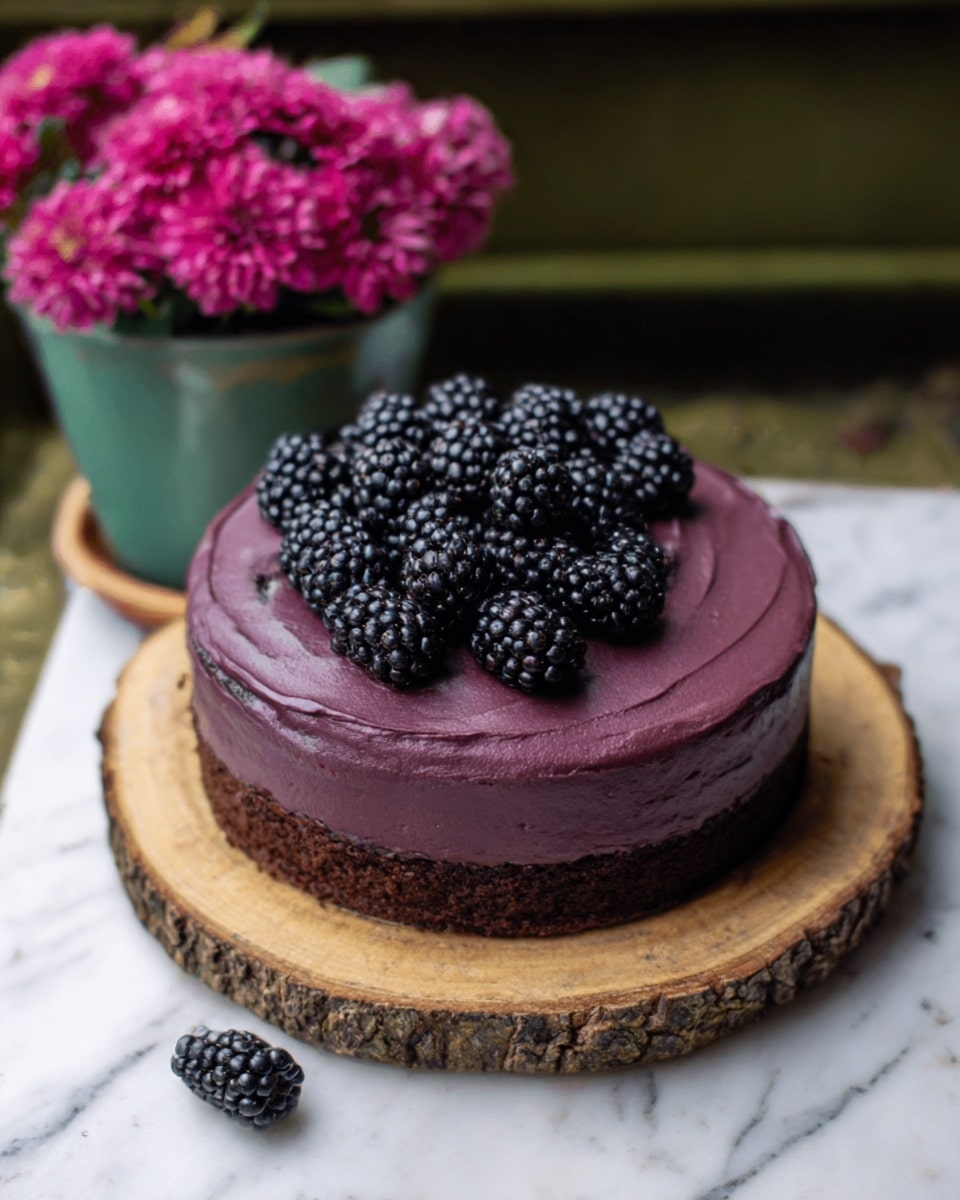 A dark chocolate cake with three visible layers sits on a white plate over a round wooden board. The bottom layer is dense and dark brown, the middle layer is smooth, thick, and creamy dark purple, and the top layer is a glossy dark purple frosting evenly spread. There is a pile of fresh blackberries carefully placed in the center on top of the cake. The cake is set on a white marbled surface with a decorative purple flower pot in the background. photo taken with an iphone --ar 4:5 --v 7