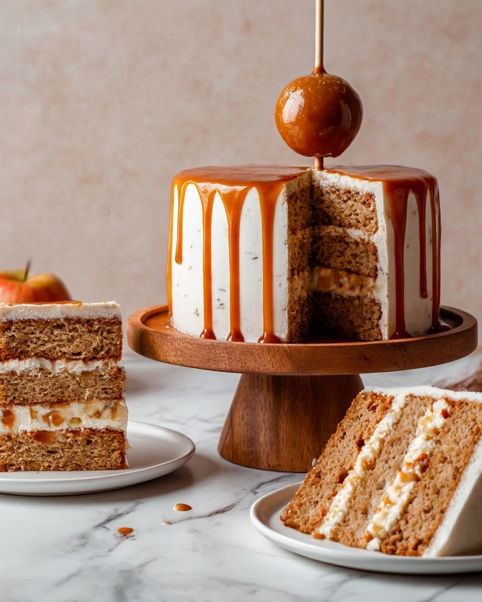 A tall cake with three visible layers of light brown sponge, each separated by thin layers of caramel and creamy white filling with small fruit pieces inside. The cake is covered in smooth light beige frosting with thick caramel sauce dripping down the sides. On top, there is a whole caramel-coated apple on a stick. Two slices of the same cake are placed on white plates in front, showing the inner layers. The scene is set on a white marbled surface with a soft light peach background. photo taken with an iphone --ar 4:5 --v 7