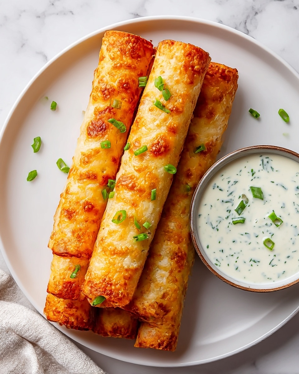 A white plate holds five golden brown, crispy rolled taquitos stacked slightly overlapping, each showing a bubbly fried texture with some darker spots. Bright green chopped scallions are sprinkled over the taquitos and the plate. A small white bowl with a gray rim sits on the right side of the plate, filled with a creamy white sauce speckled with small green herbs. The plate is placed on a white marbled surface with a soft cloth edge visible at the bottom left. Photo taken with an iphone --ar 4:5 --v 7