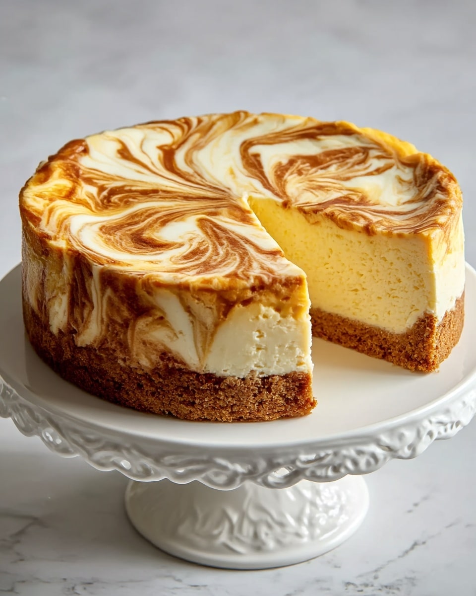 A round cheesecake sits on a tall white cake stand with ornate edges, placed on a white marbled surface. The cheesecake has three visible layers: a thick, crumbly light brown crust at the bottom, a thick creamy pale yellow cheese layer in the middle, and a swirled top layer mixed with white and caramel brown colors creating a marbled pattern. One large slice has been cut out, showing the smooth, dense texture of the cheesecake’s inside. The lighting highlights the soft texture and rich colors of the cake. photo taken with an iphone --ar 4:5 --v 7