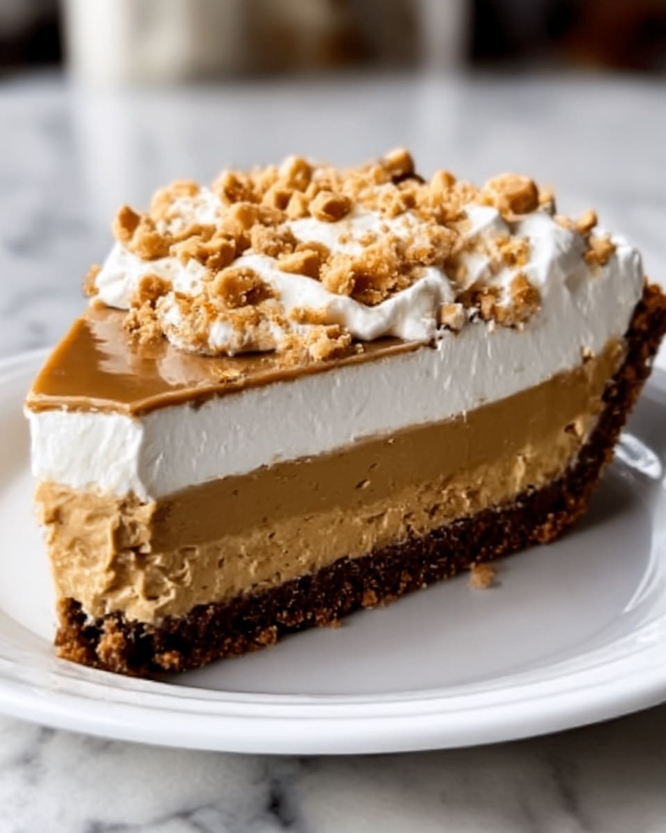 The image shows a layered dessert in a clear dish with three main layers: the bottom layer is a dark chocolate crust with a crumbly texture, the middle layer is a smooth, creamy peanut butter filling with a light caramel color, and the top layer is a thick, glossy chocolate ganache. The dessert is topped with a generous amount of crushed peanuts scattered all over, adding a crunchy texture. The dish is set on a white marbled surface. Photo taken with an iphone --ar 4:5 --v 7