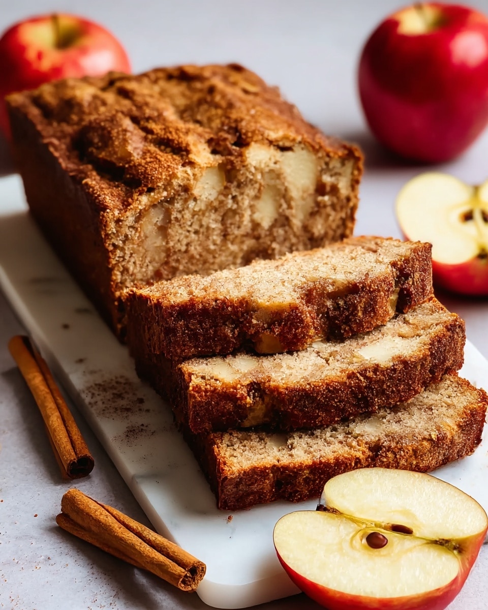 The image shows a loaf of apple cinnamon bread with three thick slices cut and slightly fanned out in front. The bread has a golden brown crust with a rough, crumbly texture, and inside, a light tan, moist crumb dotted with visible chunks of apple and specks of cinnamon. The slices show a layered effect of soft bread and bits of fruit. Around the bread, there are cinnamon sticks and halved apple pieces with a red skin and pale green inside, all placed on a white marbled textured surface. photo taken with an iphone --ar 4:5 --v 7