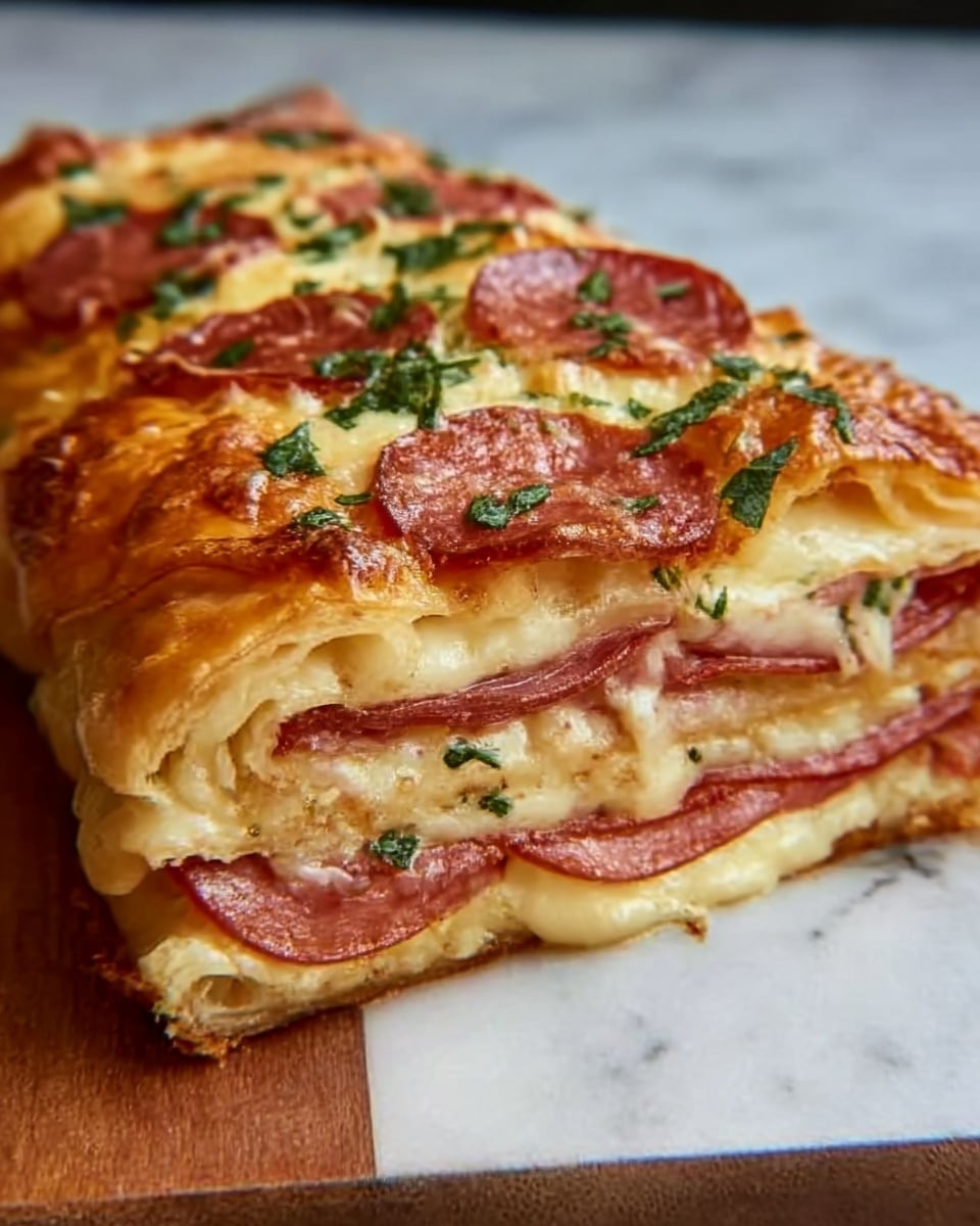 A close-up image of a golden brown braided bread loaf sliced into pieces on a wooden board. The bread has a shiny, crisp crust with a few small melted cheese spots on top. Inside, there are visible layers of melted white cheese and thin round slices of red pepperoni. Fresh green herb leaves are sprinkled on top for a touch of color and freshness. The texture of the bread looks soft and chewy inside with a crunchy outer crust. The background is a white marbled surface. Photo taken with an iphone --ar 4:5 --v 7