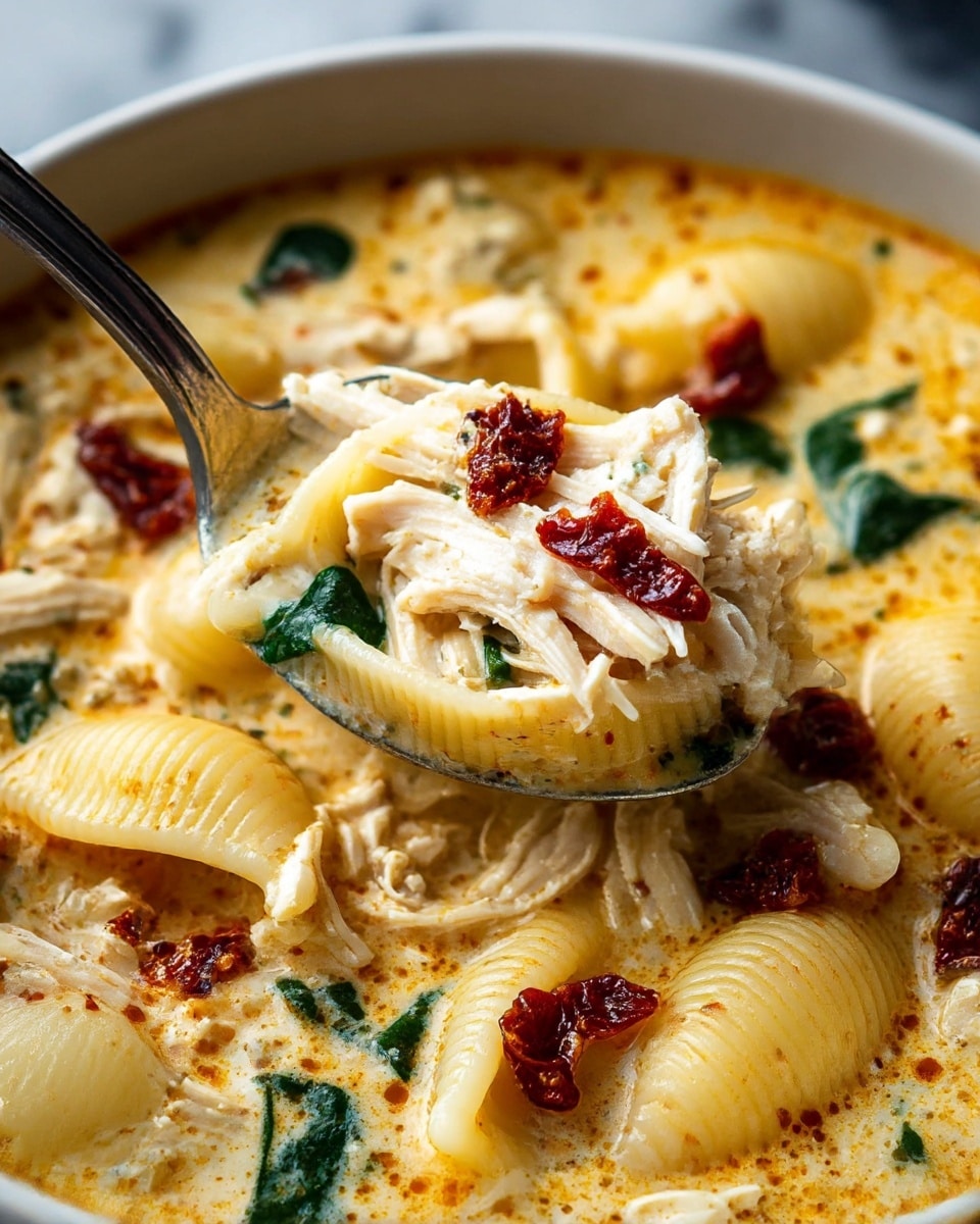 A close-up view of a creamy soup in a white bowl, showing three main layers: the thick, orange-yellow broth full of seasoning and small bits, large shell-shaped pasta pieces with ridges, and shredded white chicken mixed with green spinach leaves. On top of the soup are small pieces of dark red dried tomatoes adding color contrast. A silver spoon lifts a portion of the soup with pasta, chicken, spinach, and dried tomatoes, all set against a white marbled surface. photo taken with an iphone --ar 4:5 --v 7