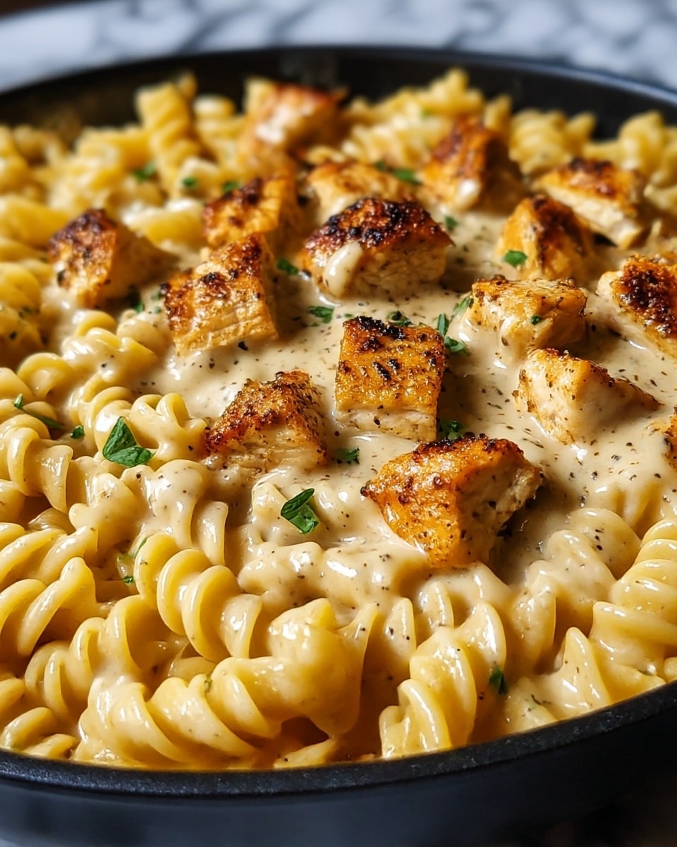 A close-up view of a creamy pasta dish served in a black pan on a white marbled surface. The dish has two main layers: the base is yellowish, spiral-shaped rotini pasta coated thickly with a smooth, light cream-colored sauce with visible specks of herbs and pepper. On top, there are medium-sized chunks of golden-brown grilled chicken, with a slightly crispy texture and black seasoning spots. Small pieces of fresh green herbs are scattered over the dish, adding a touch of color contrast. The composition highlights the creamy sauce's richness and the well-seasoned chicken pieces standing out on the pasta. photo taken with an iphone --ar 4:5 --v 7