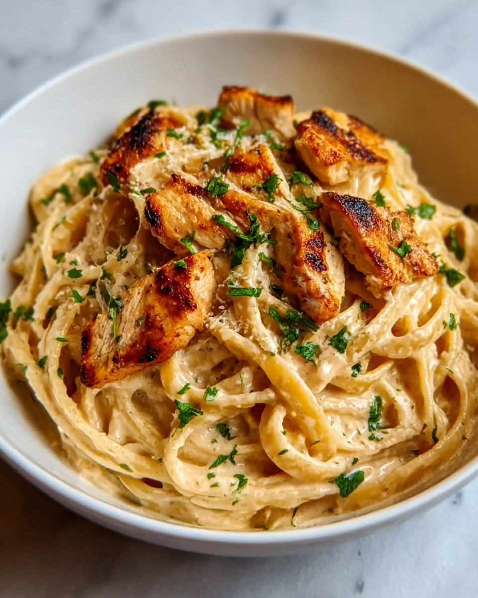 The image shows a white bowl filled with creamy fettuccine pasta coated in a light beige sauce that looks smooth and rich. On top, there are several pieces of grilled chicken with a golden brown, slightly charred texture, and scattered green parsley leaves add a fresh touch. The noodles appear well mixed with the sauce, and the dish looks warm and inviting. The bowl sits on a white marbled surface. photo taken with an iphone --ar 4:5 --v 7