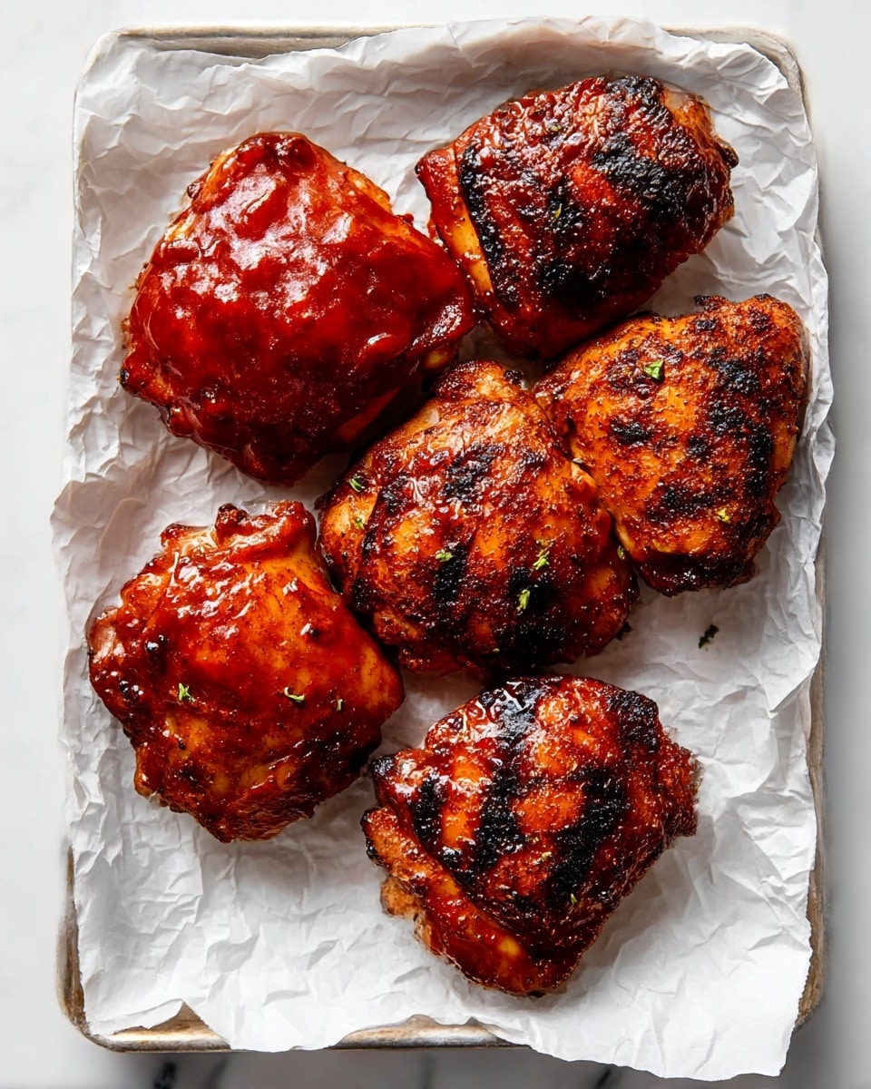 A white tray lined with crinkled white parchment paper holds six grilled chicken thighs arranged in two rows with three in each. The chicken has a rich, dark brown grilled crust with visible char marks and a shiny, sticky layer of reddish-brown BBQ sauce on two pieces at the top. The surface texture varies between the sauced, glossy thighs and the dry, crispy thighs below, showing a mix of rough, burnt edges and smooth glazed spots. The white marbled background softly contrasts with the warm, smoky colors of the chicken photo taken with an iphone --ar 4:5 --v 7