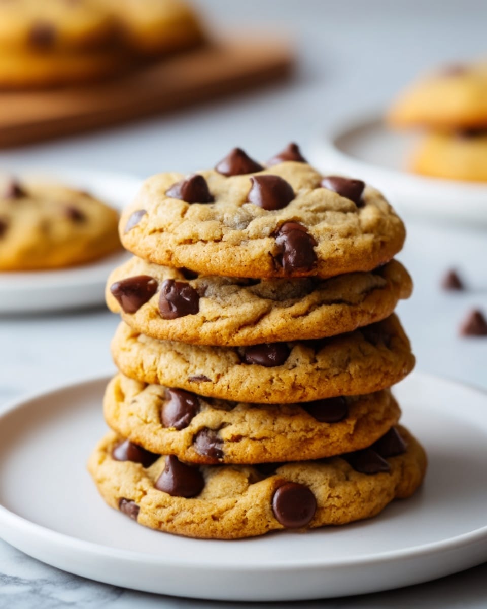 A stack of five chocolate chip cookies is shown on a plain white plate, placed on a white marbled surface. Each cookie is golden brown with a soft, slightly rough texture and has glossy dark chocolate chips scattered across the top. The cookies are thick and slightly uneven, showing a homemade look, with the top cookie slightly tilted, revealing the layers beneath. In the background, out of focus, are more cookies resting on white plates. The lighting is soft and natural, highlighting the warm tones of the cookies. photo taken with an iphone --ar 4:5 --v 7