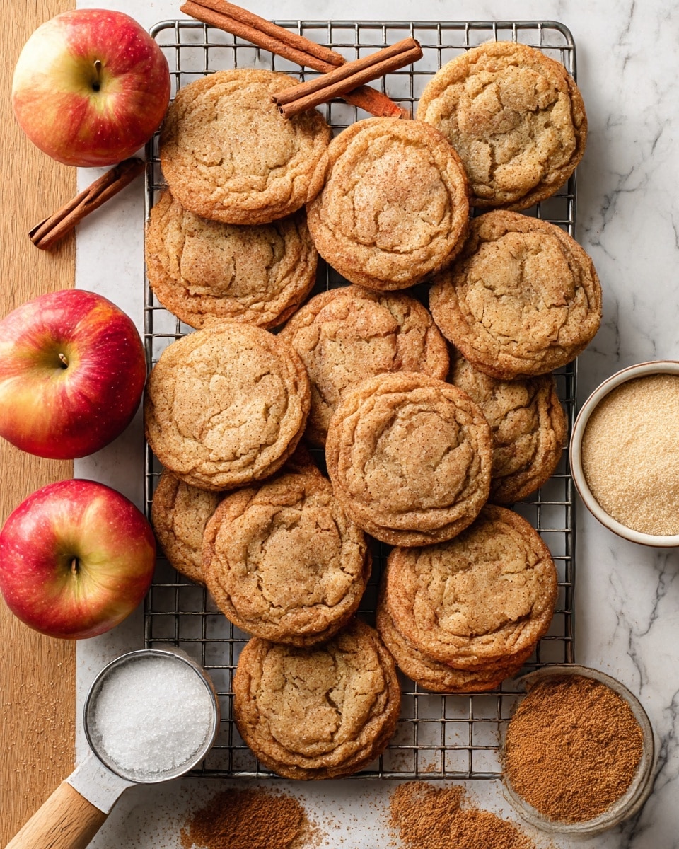 A dozen golden brown cookies with a cracked surface showing a slightly rough texture are stacked and spread out on a metal cooling rack, with three whole red and yellow apples placed around them. Two cinnamon sticks lie on top of some cookies on the left, while a wooden-handled measuring spoon with white sugar and another with brown cinnamon powder rest near the apples. A small bowl filled with a light beige sugar mixture is placed on the right side. The whole arrangement is on a wooden surface replaced by a white marbled texture. Photo taken with an iphone --ar 4:5 --v 7