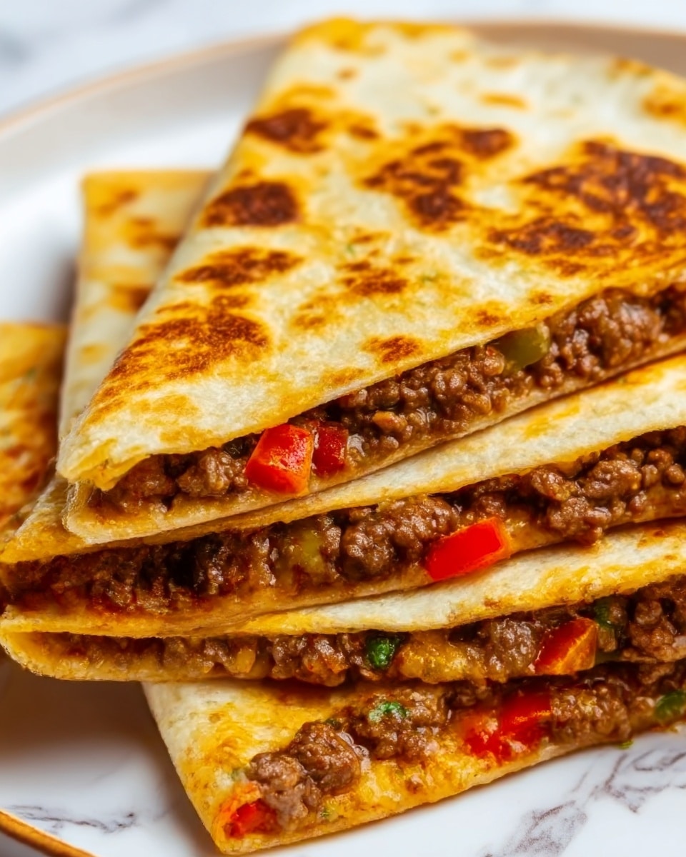 The image shows a close-up of three stacked quesadilla slices on a white plate, each slice filled with browned, cooked ground beef mixed with small pieces of red pepper and green herbs. The outer tortillas are crispy and golden-brown with some darker toasted spots, and the beef filling is visible at the open edges of the triangular slices. The overall look is warm and savory with a mix of yellow and brown tones, set against a white marbled surface. Photo taken with an iphone --ar 4:5 --v 7