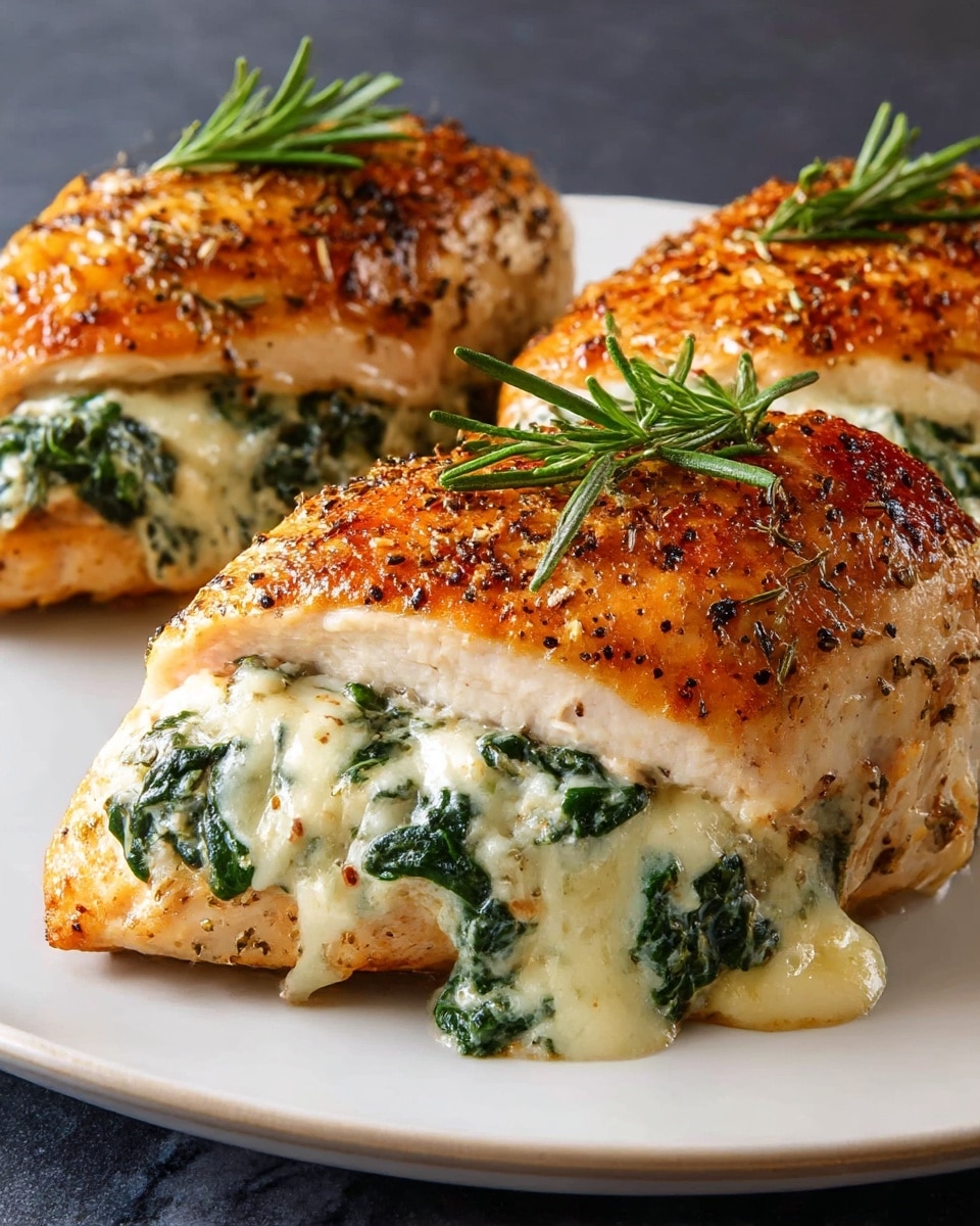 Three pieces of golden brown chicken breasts stuffed with creamy, melted cheese mixed with green spinach, placed on a white plate. Each chicken piece is seasoned with black pepper and herbs, with a sprig of fresh green rosemary on top, showing a juicy and tender texture. The cheese and spinach filling is slightly oozing out from the middle layer, creating a rich and savory look. The plate sits on a white marbled surface. photo taken with an iphone --ar 4:5 --v 7
