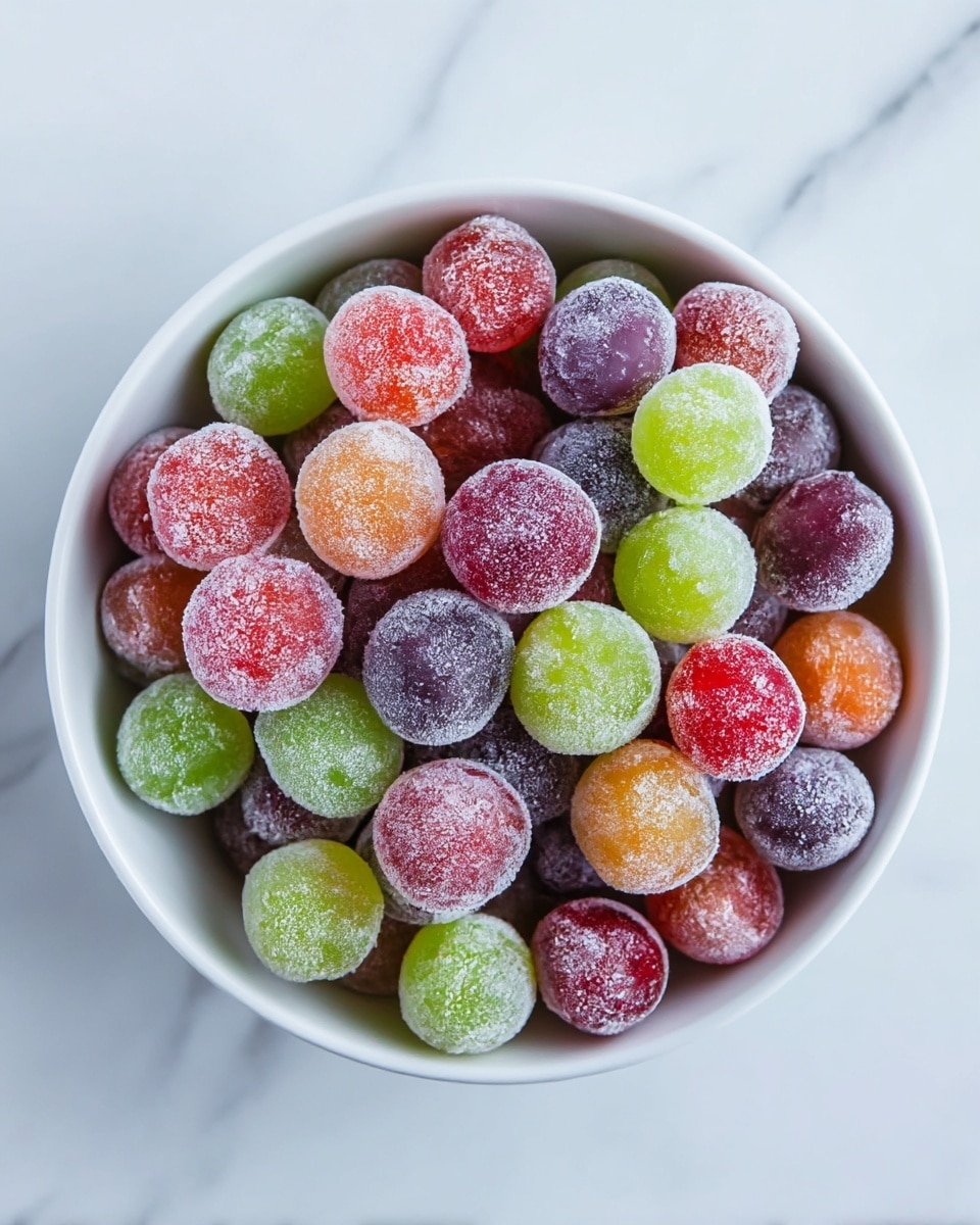 A white bowl filled with one layer of colorful frozen grapes, each grape covered with a light layer of frost. The grapes are red, purple, green, and orange, all evenly mixed showing their round smooth texture with a sparkling icy coating. The bowl sits on a white marbled surface, giving a clean and fresh look. Photo taken with an iphone --ar 4:5 --v 7