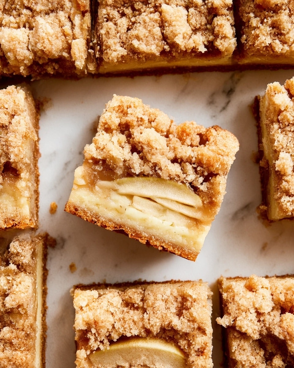 The image shows square pieces of apple crumb bars arranged closely on a white marbled surface. Each piece has three distinct layers: a bottom layer of firm, golden crust, a thick middle layer of soft, light cream-colored apple filling with visible thin apple slices, and a top layer of crumbly, golden-brown streusel with a rough texture. One piece is turned on its side in the center, clearly showing all three layers. The crumb topping looks crunchy and uneven, covering the entire top of each bar. Photo taken with an iphone --ar 4:5 --v 7