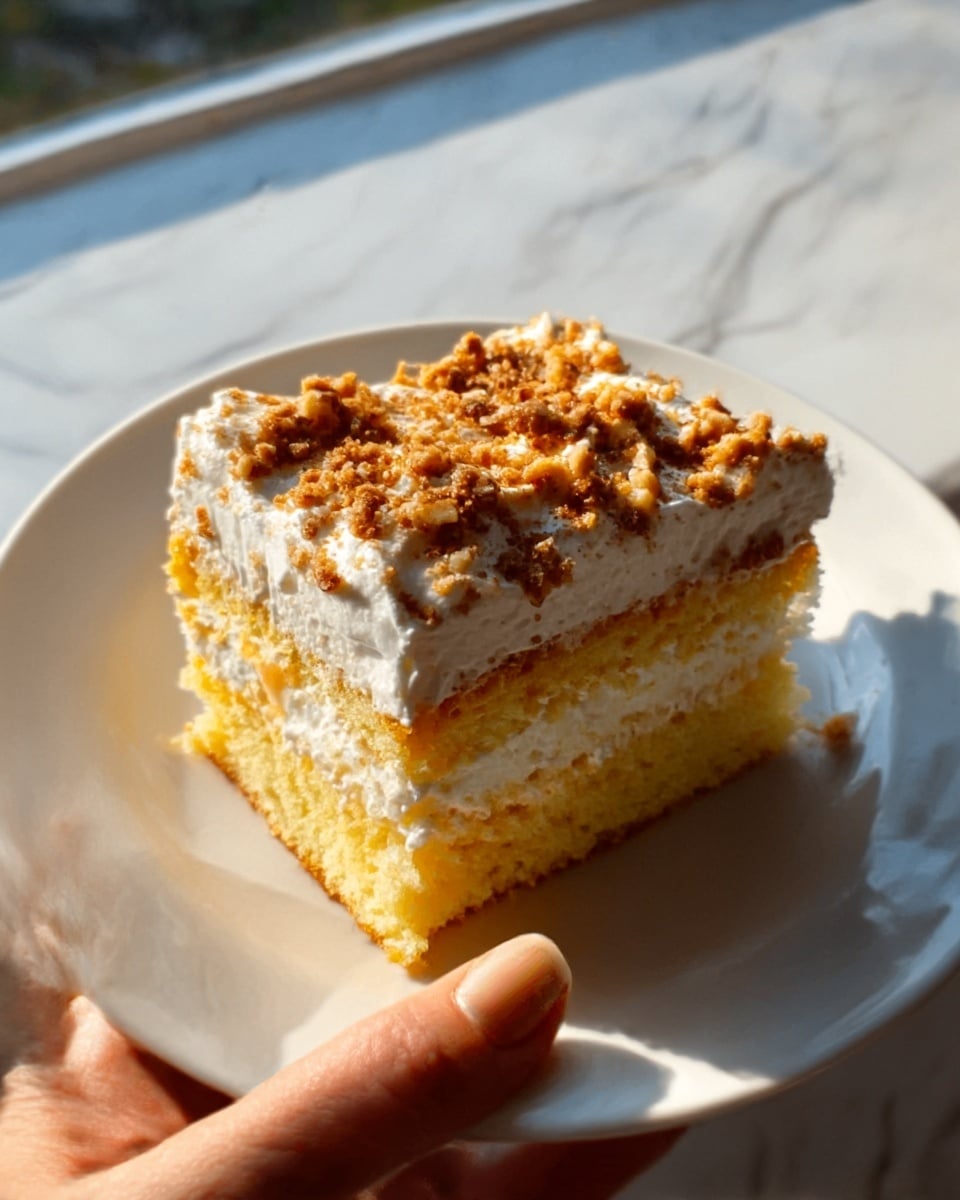 A piece of cake with three visible layers is shown on a white plate. The bottom layer is a soft, light yellow sponge cake with a slightly crumbly texture. Above it is a thick white creamy layer, smooth and fluffy. The top layer consists of small brown crunchy bits sprinkled all over, giving the cake a textured look. A woman's hand is holding the plate from the side against a background of white marbled texture with sunlight shining gently. photo taken with an iphone --ar 4:5 --v 7