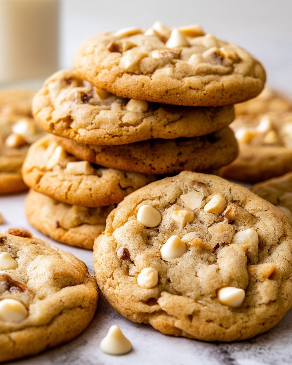 A close-up view of many soft, homemade cookies stacked on top of each other. Each cookie is round and thick with a light brown color mixed with small chunks of pale beige chips. The surface of the cookies looks slightly rough and uneven, showing their soft and chewy texture. The background is a white marbled texture, highlighting the warm tones of the cookies. photo taken with an iphone --ar 4:5 --v 7